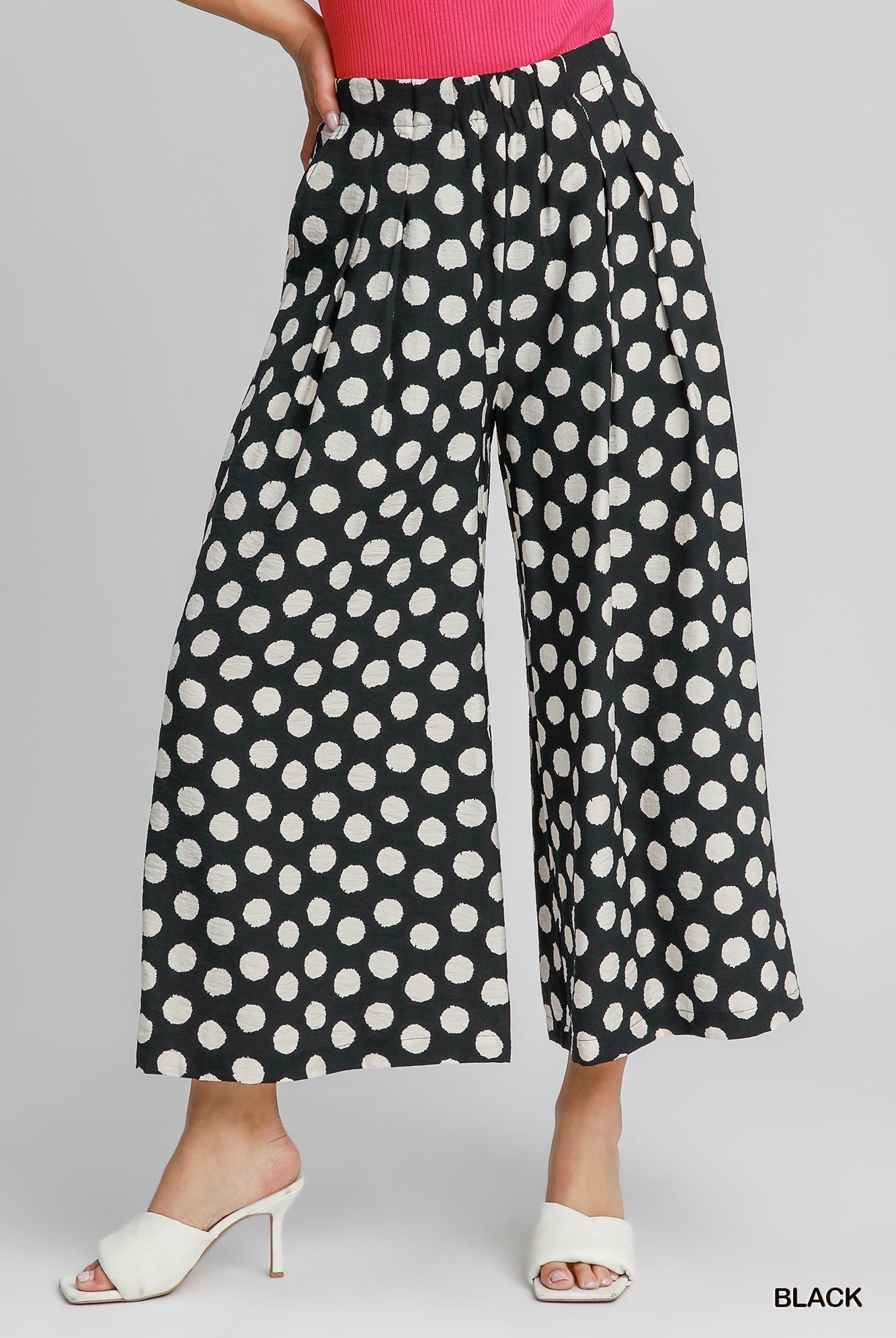 Umgee Playful Polka Dot Wide Leg Pants in Black-Bottoms-Umgee-Deja Nu Boutique, Women's Fashion Boutique in Lampasas, Texas