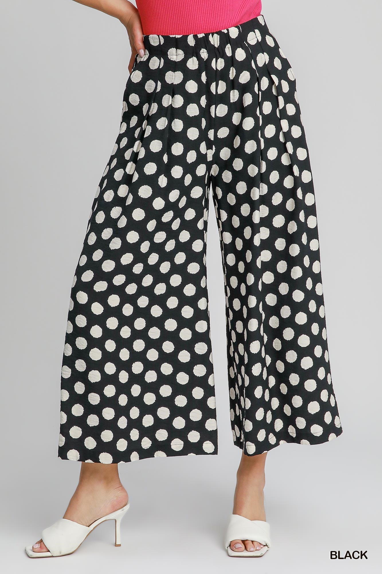 Umgee Playful Polka Dot Wide Leg Pants in Black-Bottoms-Umgee-Deja Nu Boutique, Women's Fashion Boutique in Lampasas, Texas