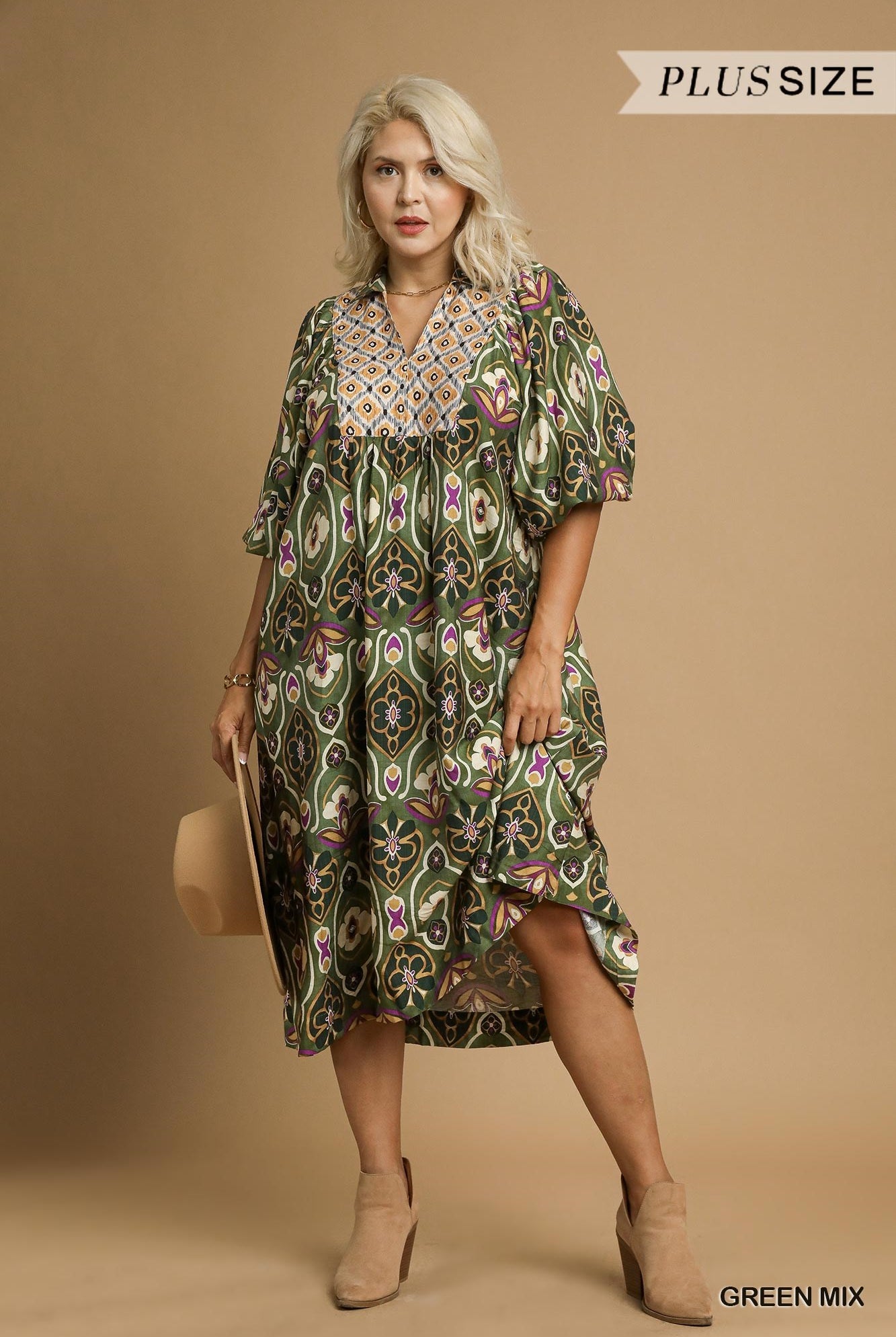 Umgee Plus Abstract Print Collared Midi Dress in Green Mix-Curvy/Plus Dresses-Umgee-Deja Nu Boutique, Women's Fashion Boutique in Lampasas, Texas