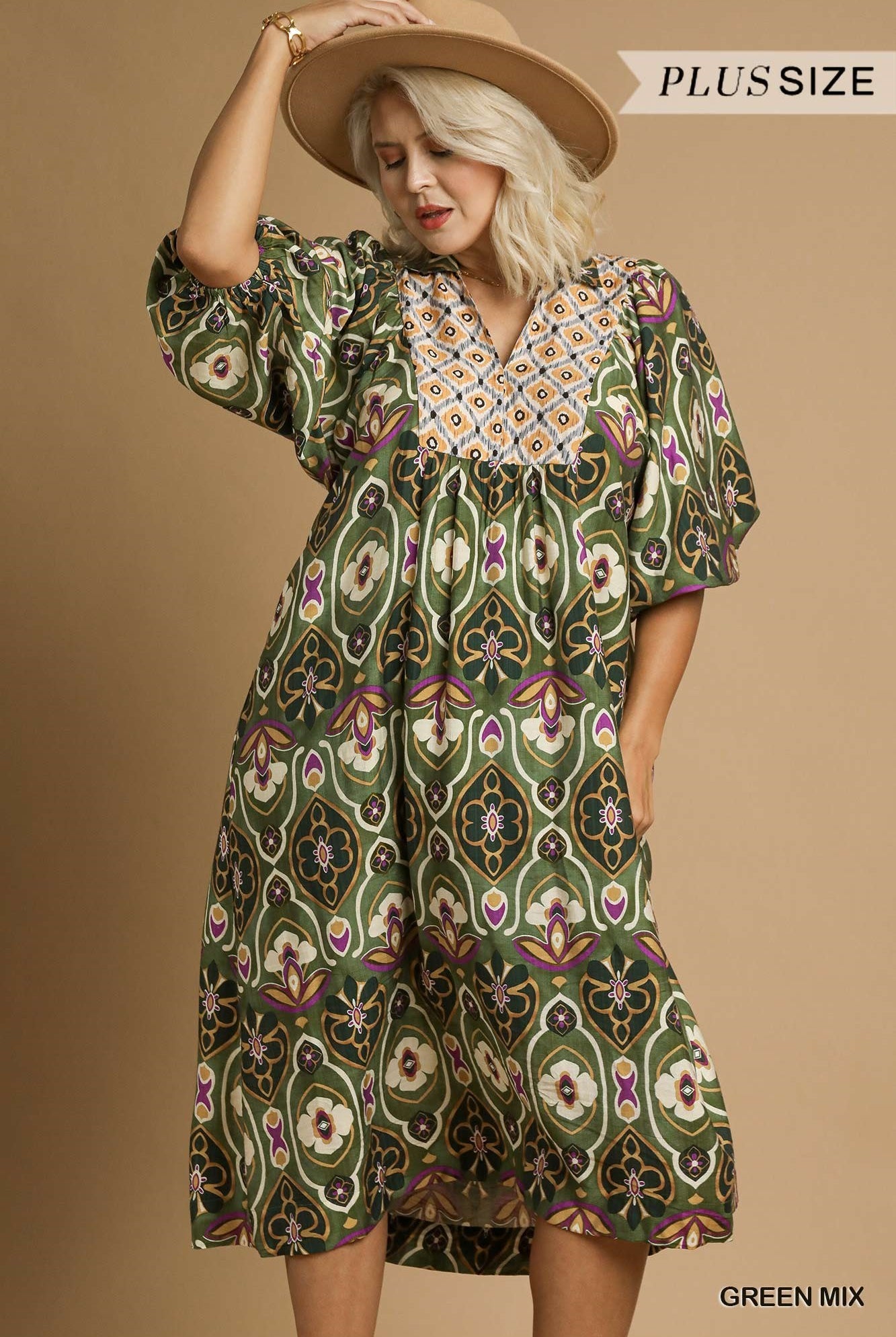 Umgee Plus Abstract Print Collared Midi Dress in Green Mix-Curvy/Plus Dresses-Umgee-Deja Nu Boutique, Women's Fashion Boutique in Lampasas, Texas