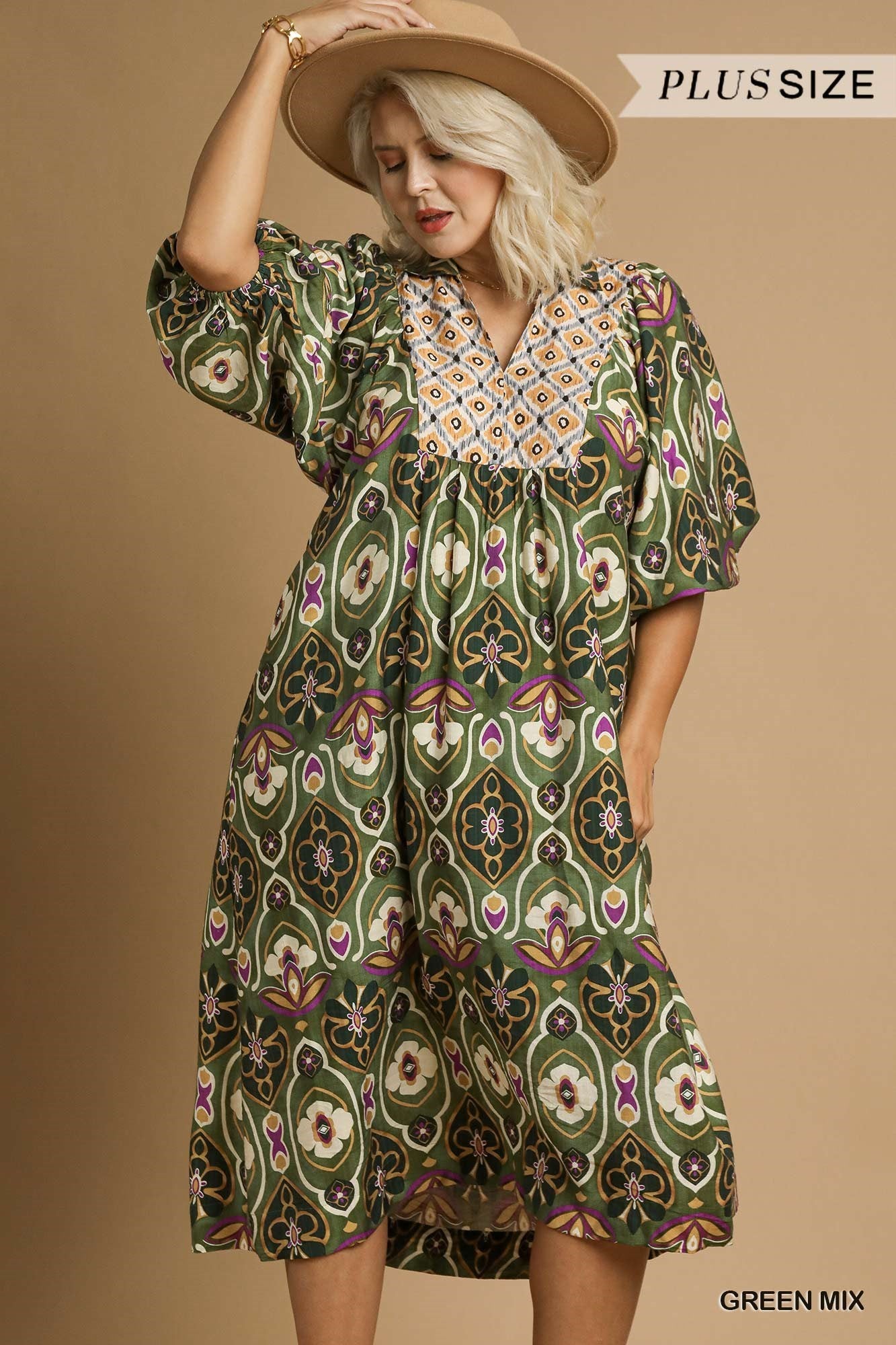 Umgee Plus Abstract Print Collared Midi Dress in Green Mix-Curvy/Plus Dresses-Umgee-Deja Nu Boutique, Women's Fashion Boutique in Lampasas, Texas