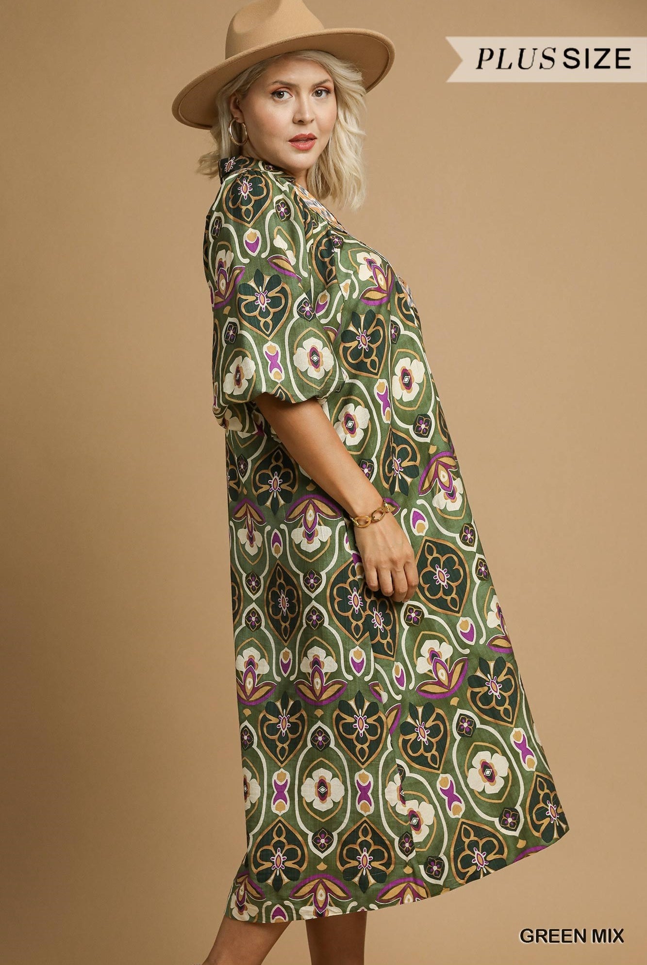 Umgee Plus Abstract Print Collared Midi Dress in Green Mix-Curvy/Plus Dresses-Umgee-Deja Nu Boutique, Women's Fashion Boutique in Lampasas, Texas