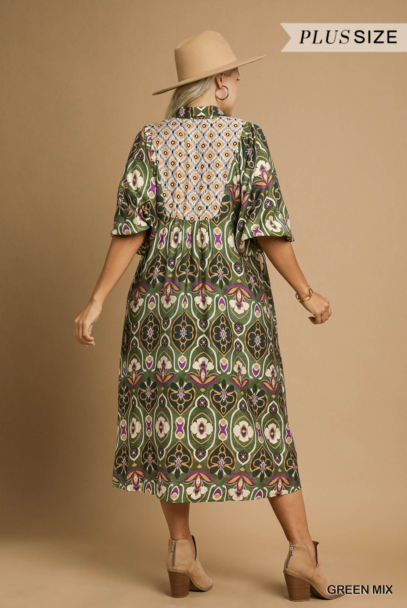 Umgee Plus Abstract Print Collared Midi Dress in Green Mix-Curvy/Plus Dresses-Umgee-Deja Nu Boutique, Women's Fashion Boutique in Lampasas, Texas