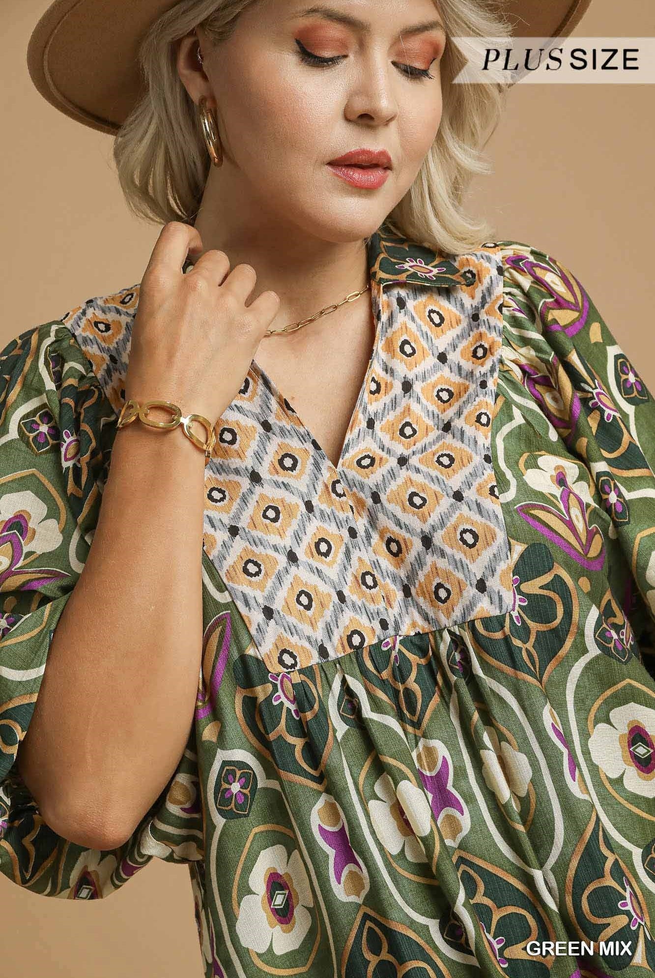 Umgee Plus Abstract Print Collared Midi Dress in Green Mix-Curvy/Plus Dresses-Umgee-Deja Nu Boutique, Women's Fashion Boutique in Lampasas, Texas