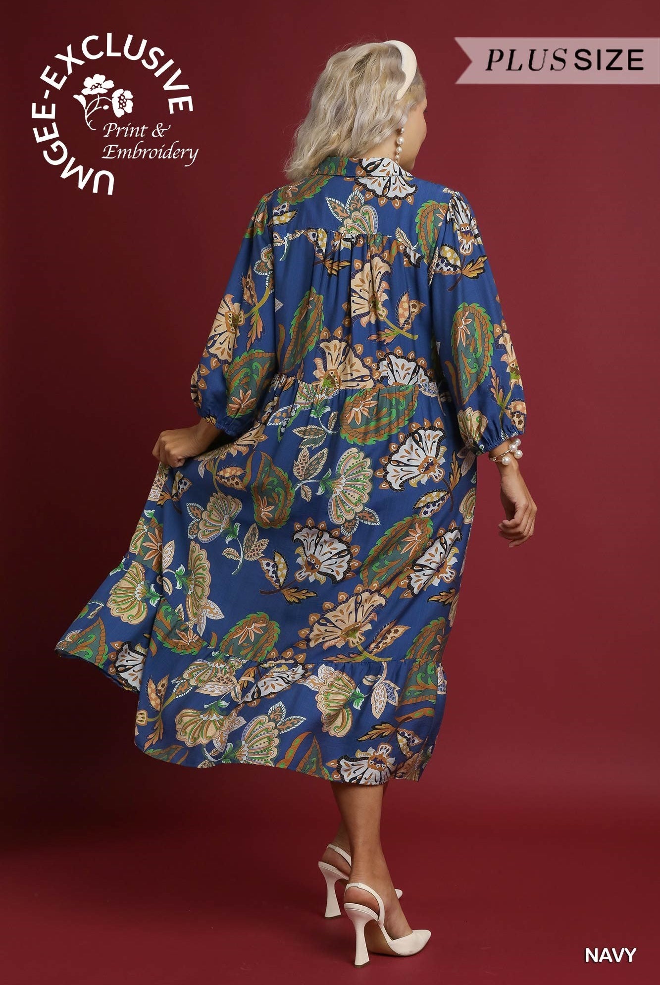 Umgee Plus Boho Paisley Tiered Midi Dress in Navy-Curvy/Plus Dresses-Umgee-Deja Nu Boutique, Women's Fashion Boutique in Lampasas, Texas
