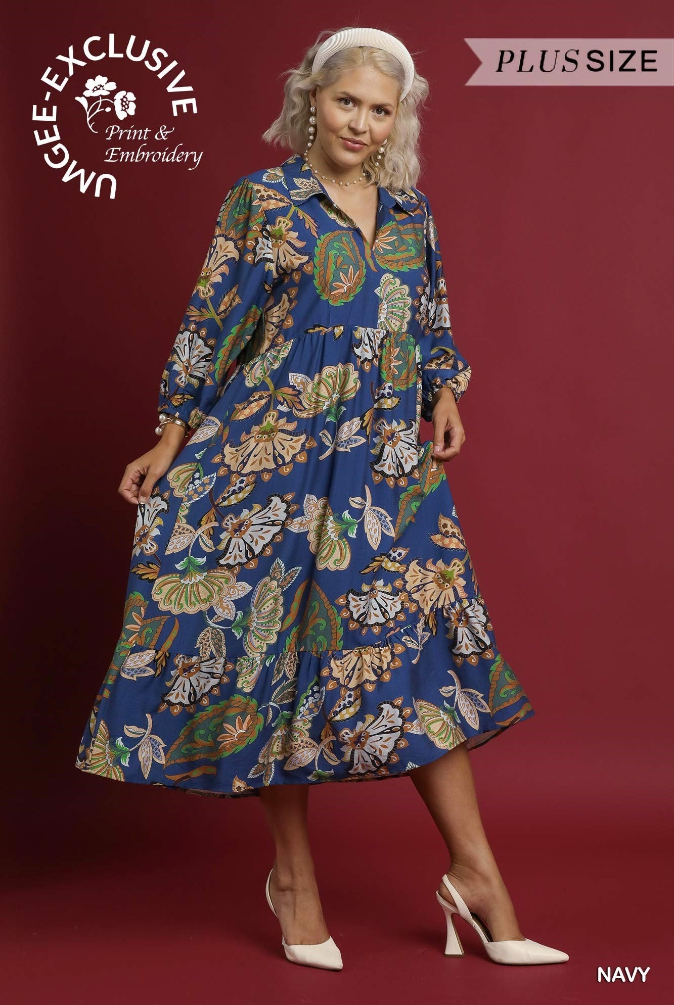 Umgee Plus Boho Paisley Tiered Midi Dress in Navy-Curvy/Plus Dresses-Umgee-Deja Nu Boutique, Women's Fashion Boutique in Lampasas, Texas