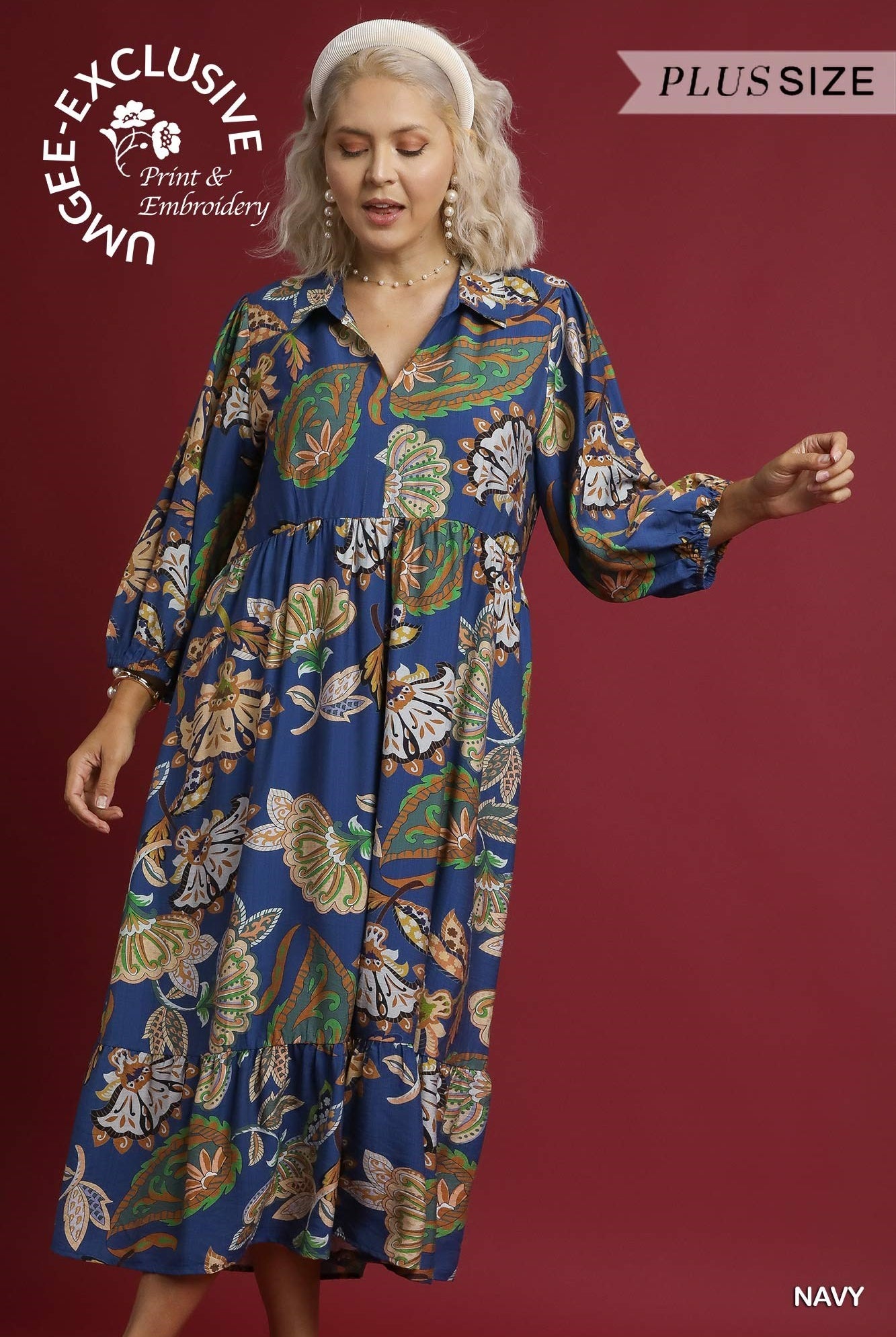 Umgee Plus Boho Paisley Tiered Midi Dress in Navy-Curvy/Plus Dresses-Umgee-Deja Nu Boutique, Women's Fashion Boutique in Lampasas, Texas