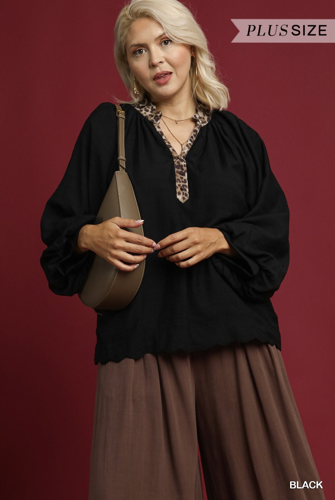 Umgee Plus Size Black Balloon Sleeve Blouse with Leopard Trim-Curvy/Plus Blouses-umgee-Deja Nu Boutique, Women's Fashion Boutique in Lampasas, Texas