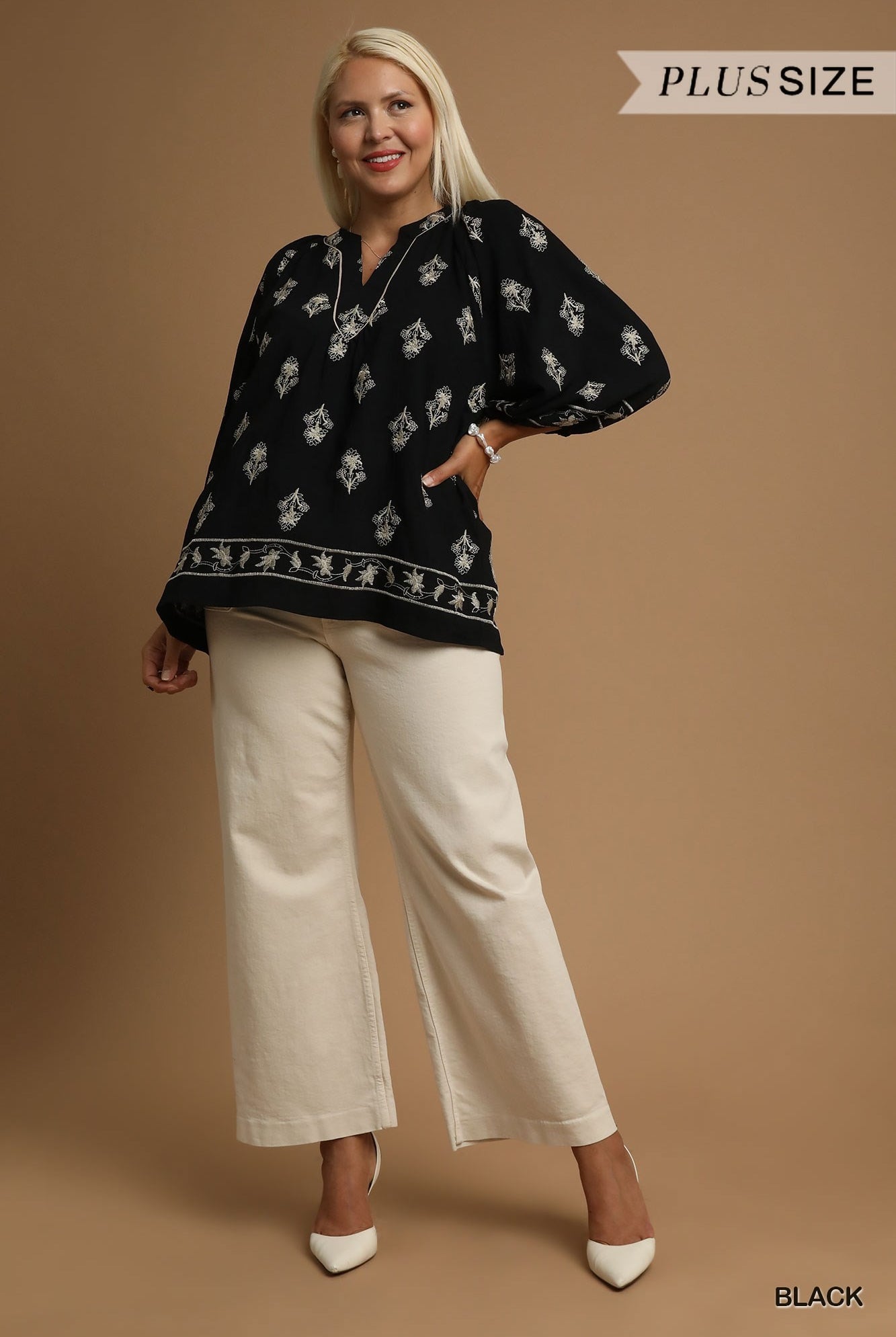 Umgee Plus Size Black Embroidered Balloon Sleeve Top-Curvy/Plus Blouses-umgee-Deja Nu Boutique, Women's Fashion Boutique in Lampasas, Texas