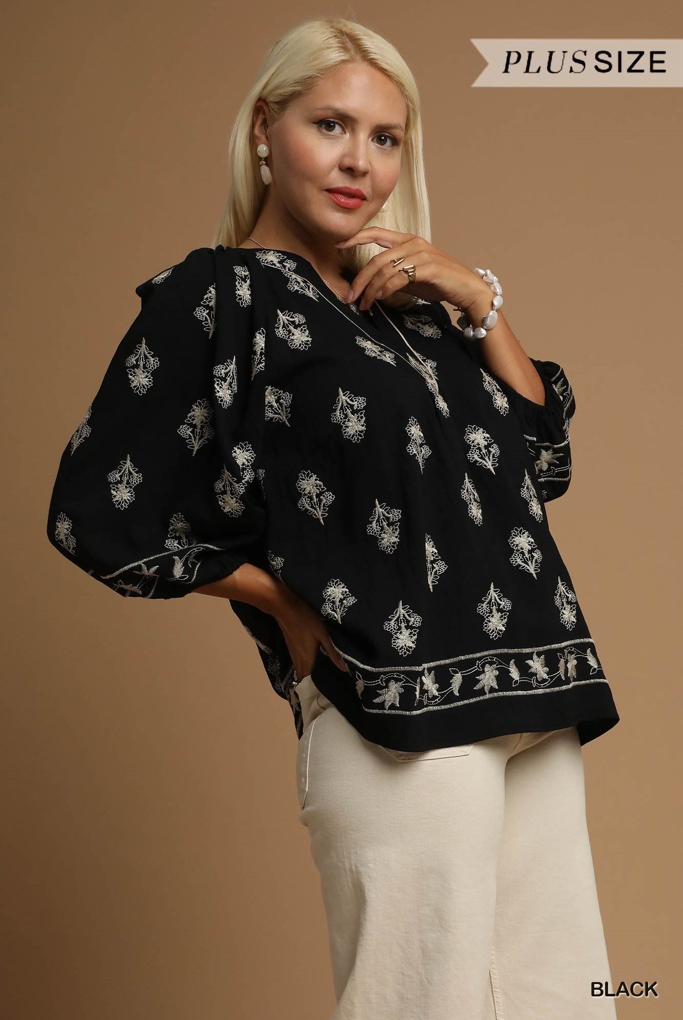 Umgee Plus Size Black Embroidered Balloon Sleeve Top-Curvy/Plus Blouses-umgee-Deja Nu Boutique, Women's Fashion Boutique in Lampasas, Texas