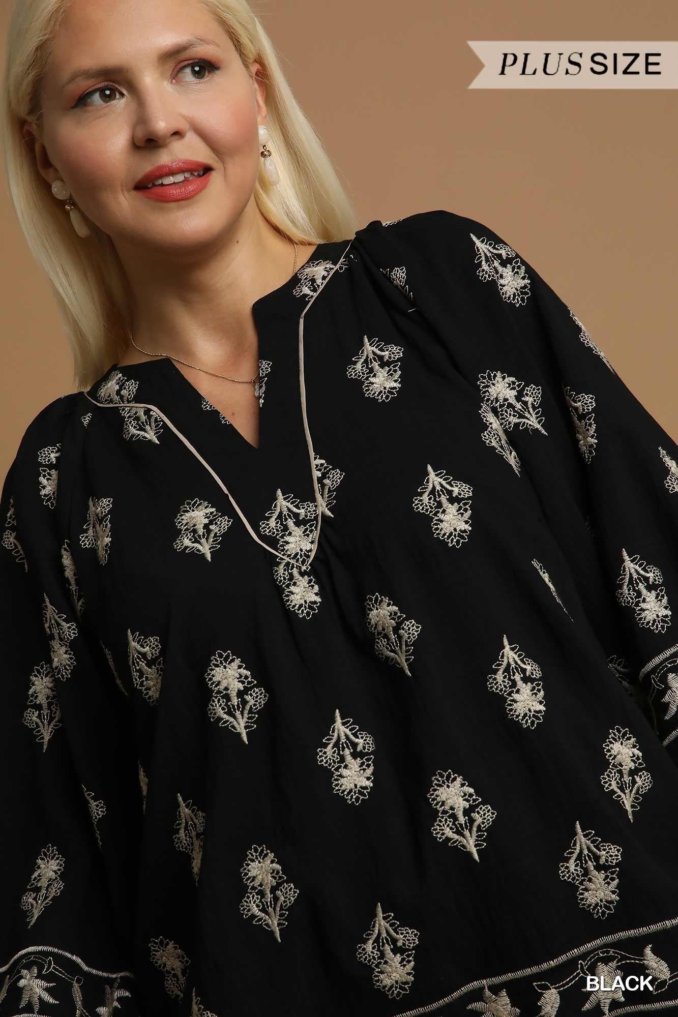 Umgee Plus Size Black Embroidered Balloon Sleeve Top-Curvy/Plus Blouses-umgee-Deja Nu Boutique, Women's Fashion Boutique in Lampasas, Texas