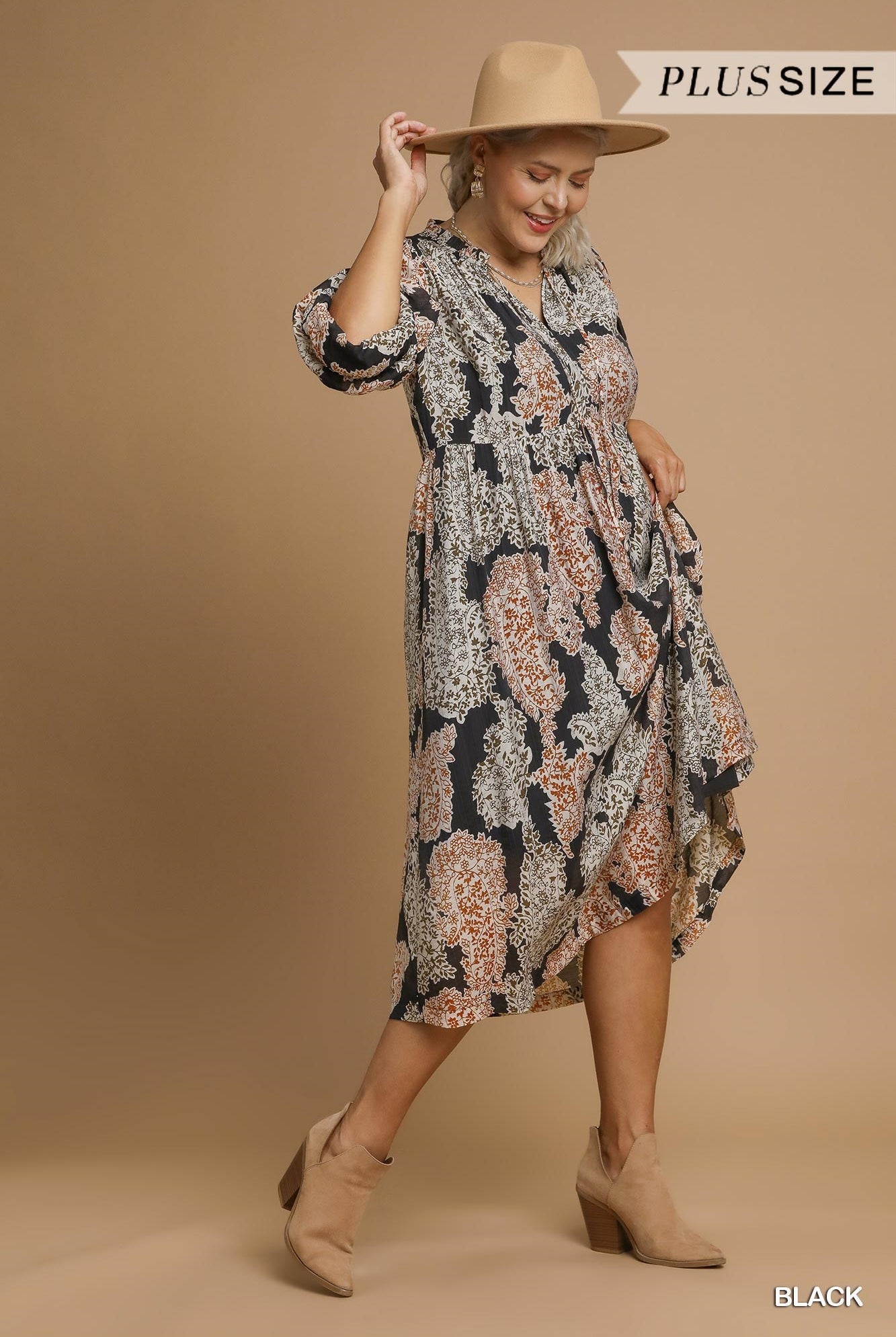 Umgee Plus Size Black Paisley Print Midi Dress with Ruffle Sleeves-Curvy/Plus Dresses-umgee-Deja Nu Boutique, Women's Fashion Boutique in Lampasas, Texas
