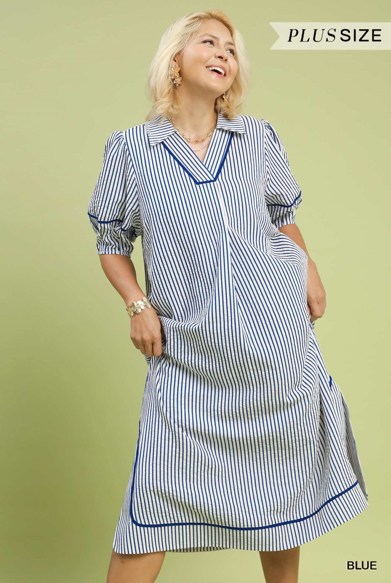 Umgee Plus Size Blue Stripe Midi Dress with Puff Sleeves-Curvy/Plus Dresses-Umgee-Deja Nu Boutique, Women's Fashion Boutique in Lampasas, Texas