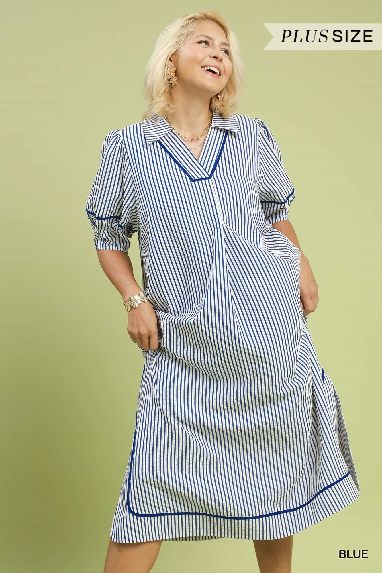 Umgee Plus Size Blue Stripe Midi Dress with Puff Sleeves-Curvy/Plus Dresses-Umgee-Deja Nu Boutique, Women's Fashion Boutique in Lampasas, Texas