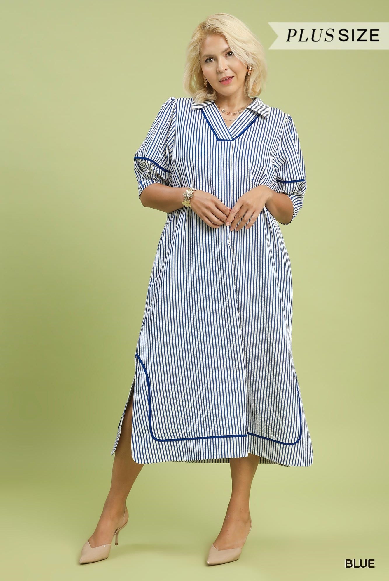 Umgee Plus Size Blue Stripe Midi Dress with Puff Sleeves-Curvy/Plus Dresses-Umgee-Deja Nu Boutique, Women's Fashion Boutique in Lampasas, Texas