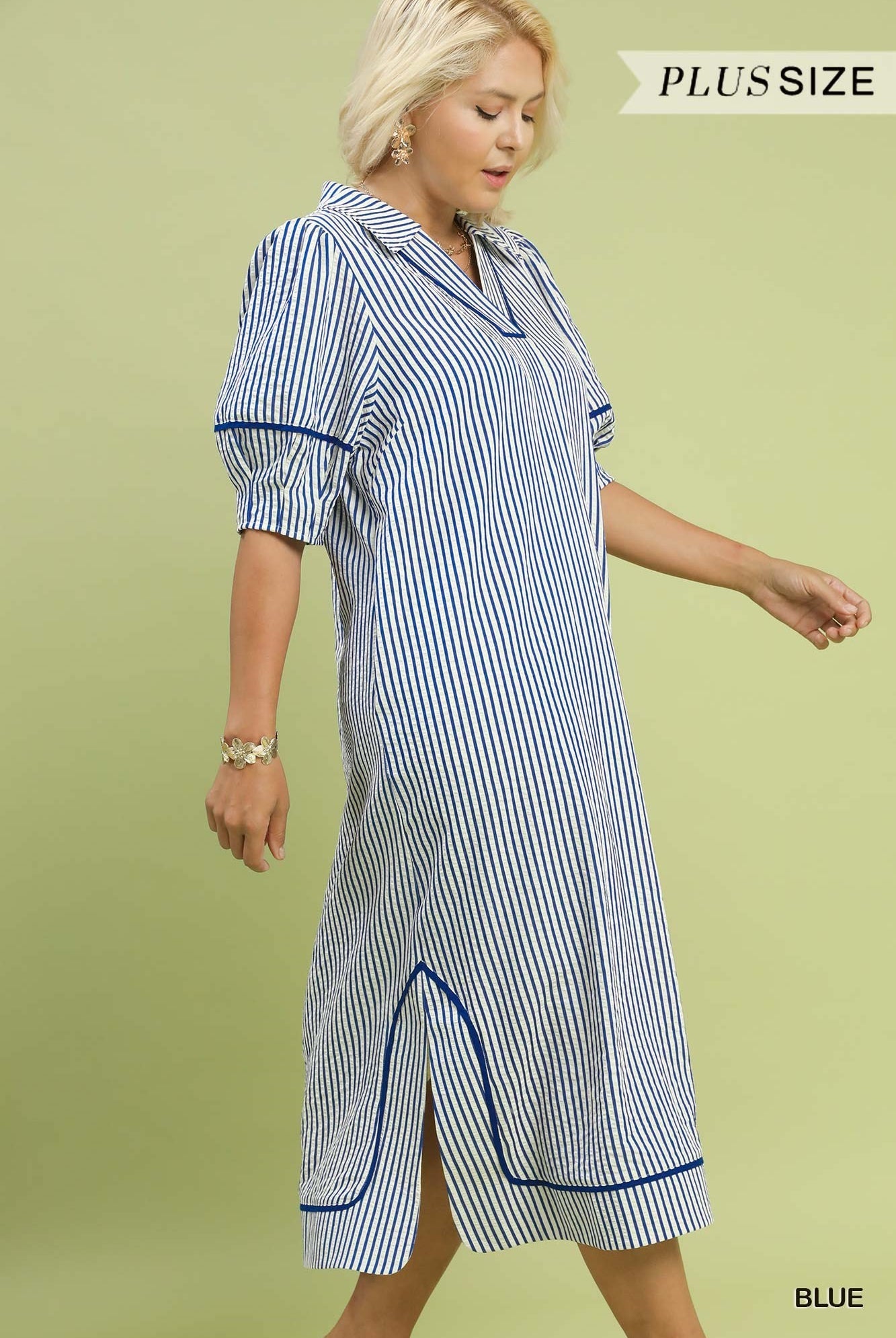 Umgee Plus Size Blue Stripe Midi Dress with Puff Sleeves-Curvy/Plus Dresses-Umgee-Deja Nu Boutique, Women's Fashion Boutique in Lampasas, Texas