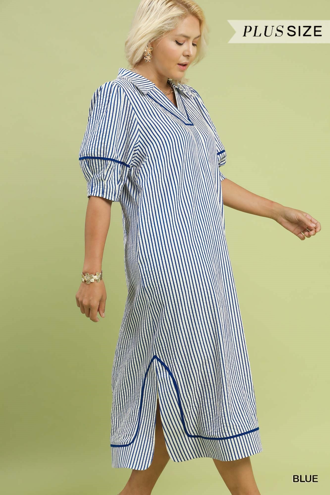 Umgee Plus Size Blue Stripe Midi Dress with Puff Sleeves-Curvy/Plus Dresses-Umgee-Deja Nu Boutique, Women's Fashion Boutique in Lampasas, Texas