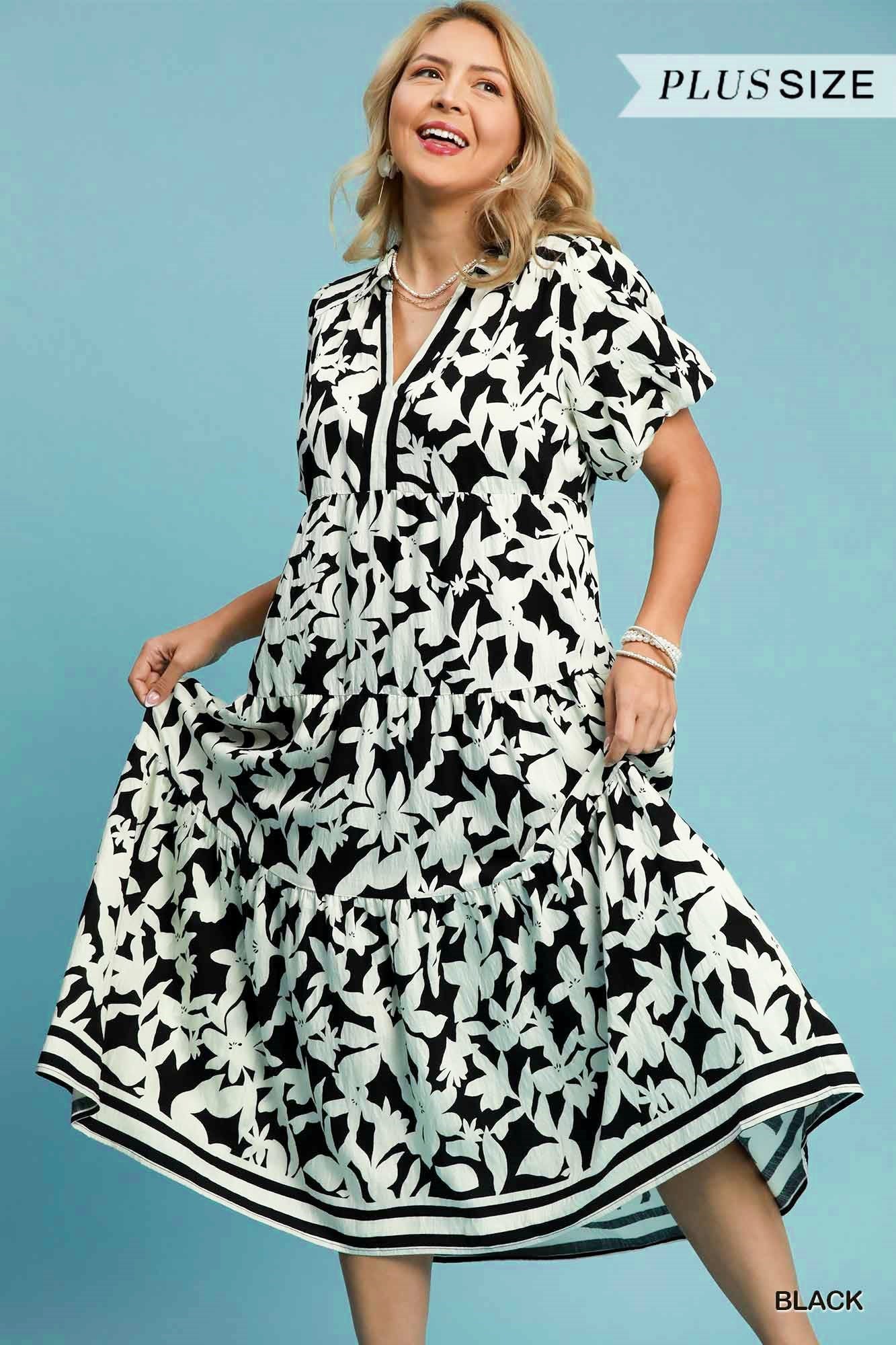 Umgee Plus Size Botanical Tiered A-Line Midi Dress – Black Floral-Curvy/Plus Dresses-Umgee-Deja Nu Boutique, Women's Fashion Boutique in Lampasas, Texas