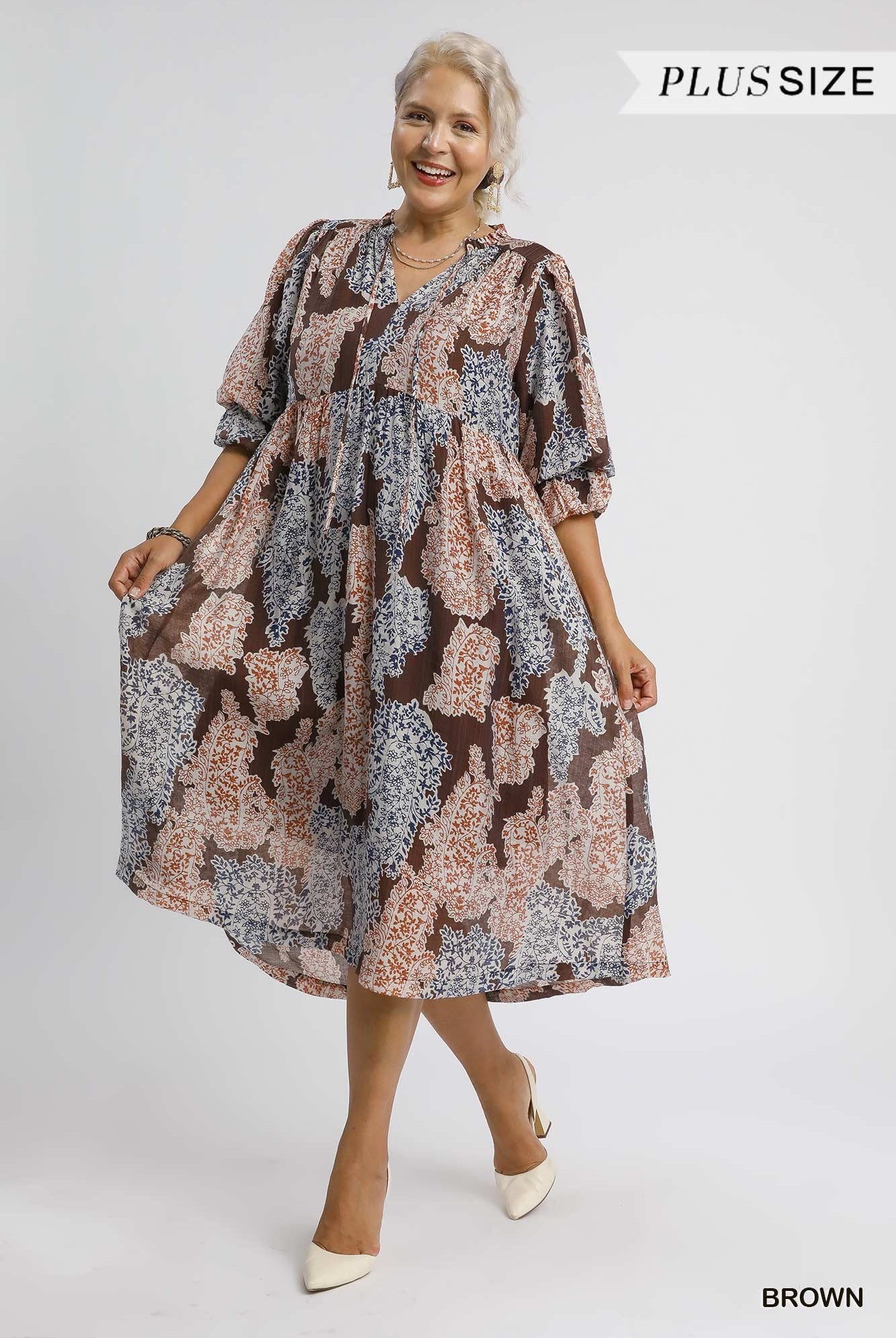 Umgee Plus Size Brown Paisley Print Midi Dress with Ruffle Sleeves-Curvy/Plus Dresses-Umgee-Deja Nu Boutique, Women's Fashion Boutique in Lampasas, Texas