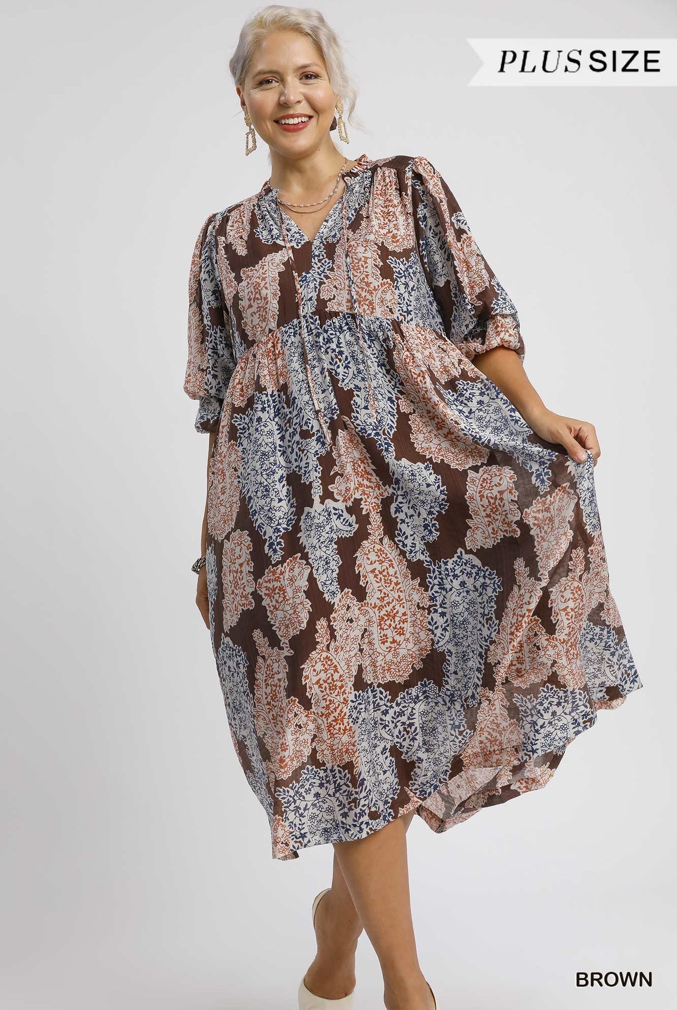 Umgee Plus Size Brown Paisley Print Midi Dress with Ruffle Sleeves-Curvy/Plus Dresses-Umgee-Deja Nu Boutique, Women's Fashion Boutique in Lampasas, Texas