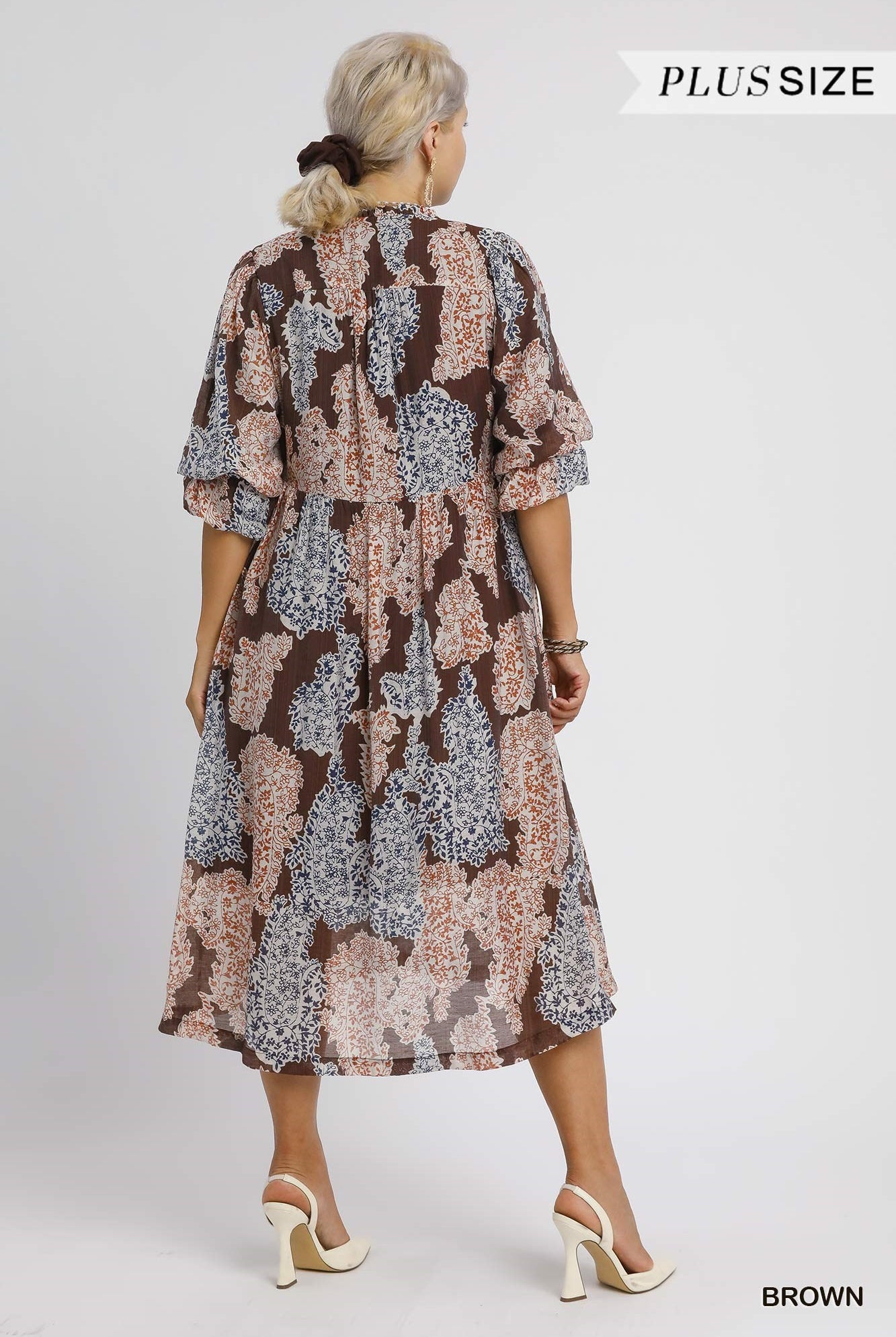 Umgee Plus Size Brown Paisley Print Midi Dress with Ruffle Sleeves-Curvy/Plus Dresses-Umgee-Deja Nu Boutique, Women's Fashion Boutique in Lampasas, Texas