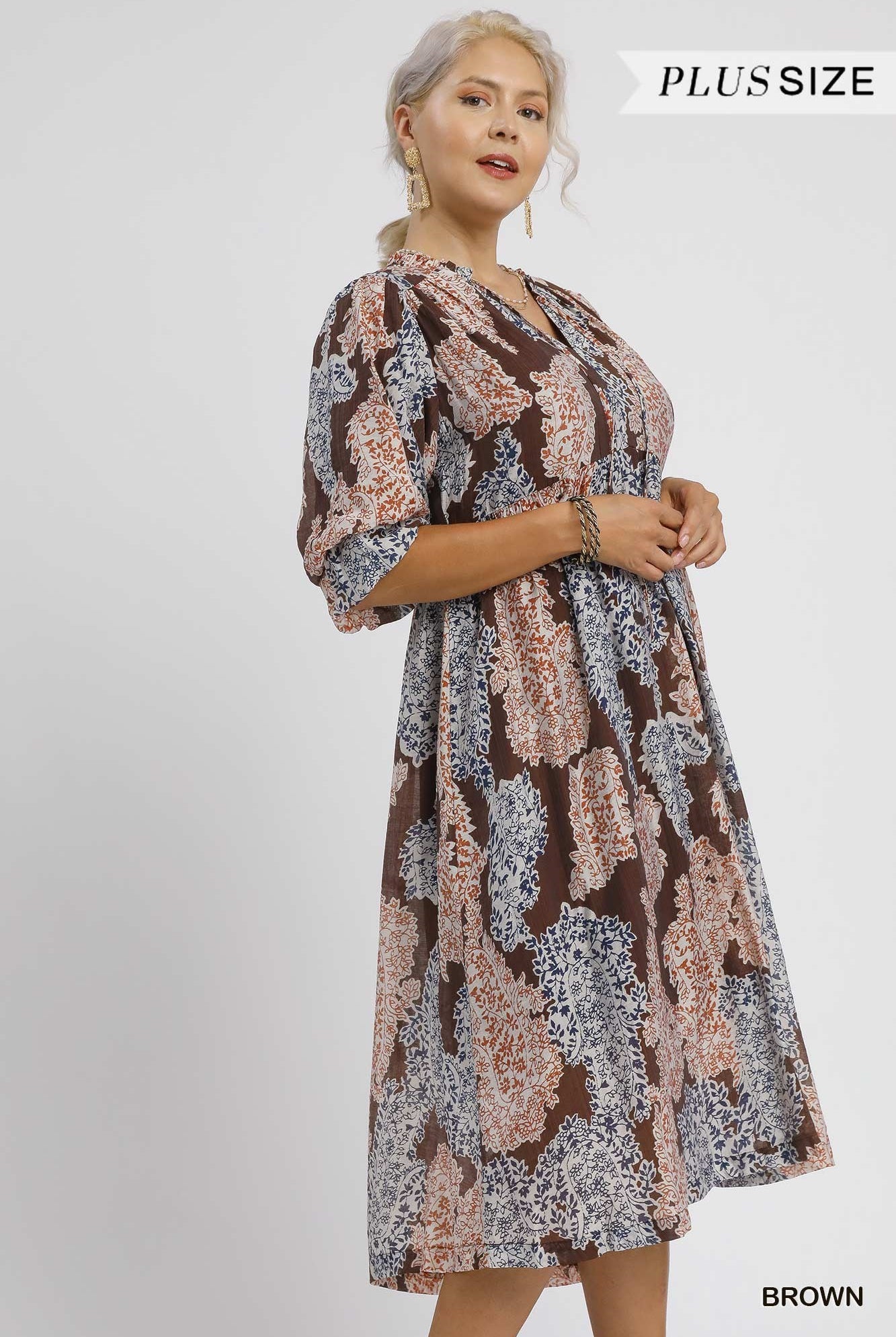 Umgee Plus Size Brown Paisley Print Midi Dress with Ruffle Sleeves-Curvy/Plus Dresses-Umgee-Deja Nu Boutique, Women's Fashion Boutique in Lampasas, Texas