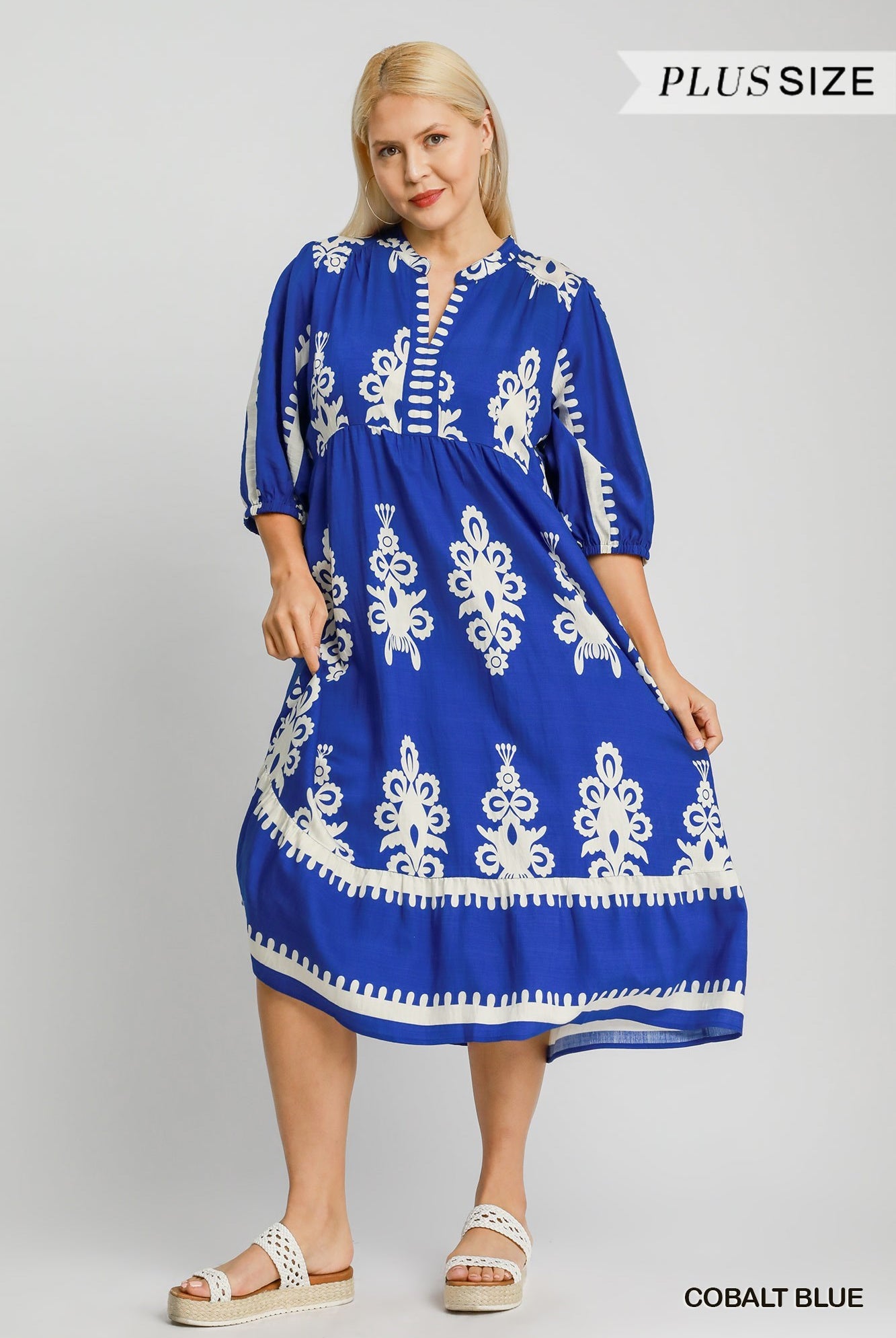 Umgee Plus Size Cobalt Blue Two-Tone Border Print V-Neck Dress-Curvy/Plus Dresses-Umgee-Deja Nu Boutique, Women's Fashion Boutique in Lampasas, Texas