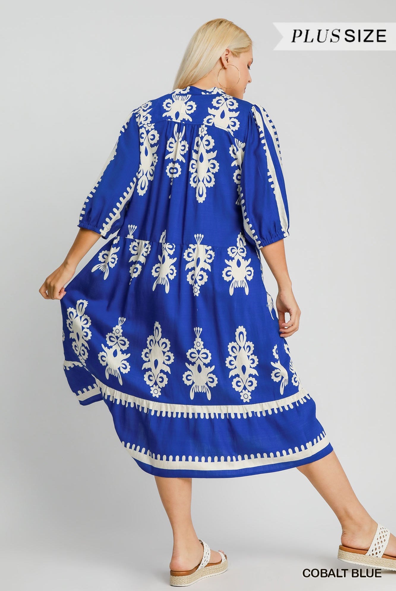 Umgee Plus Size Cobalt Blue Two-Tone Border Print V-Neck Dress-Curvy/Plus Dresses-Umgee-Deja Nu Boutique, Women's Fashion Boutique in Lampasas, Texas