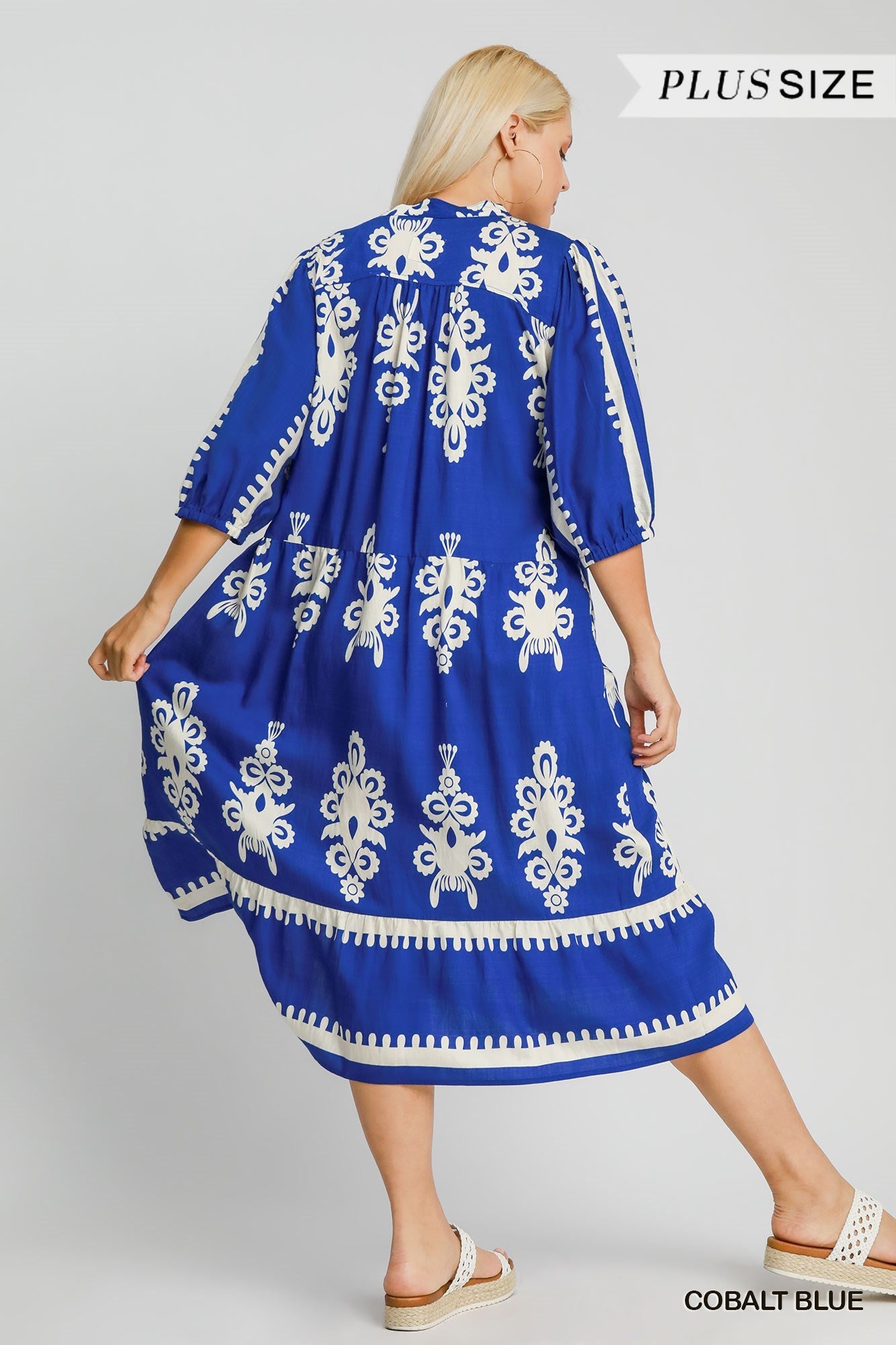 Umgee Plus Size Cobalt Blue Two-Tone Border Print V-Neck Dress-Curvy/Plus Dresses-Umgee-Deja Nu Boutique, Women's Fashion Boutique in Lampasas, Texas
