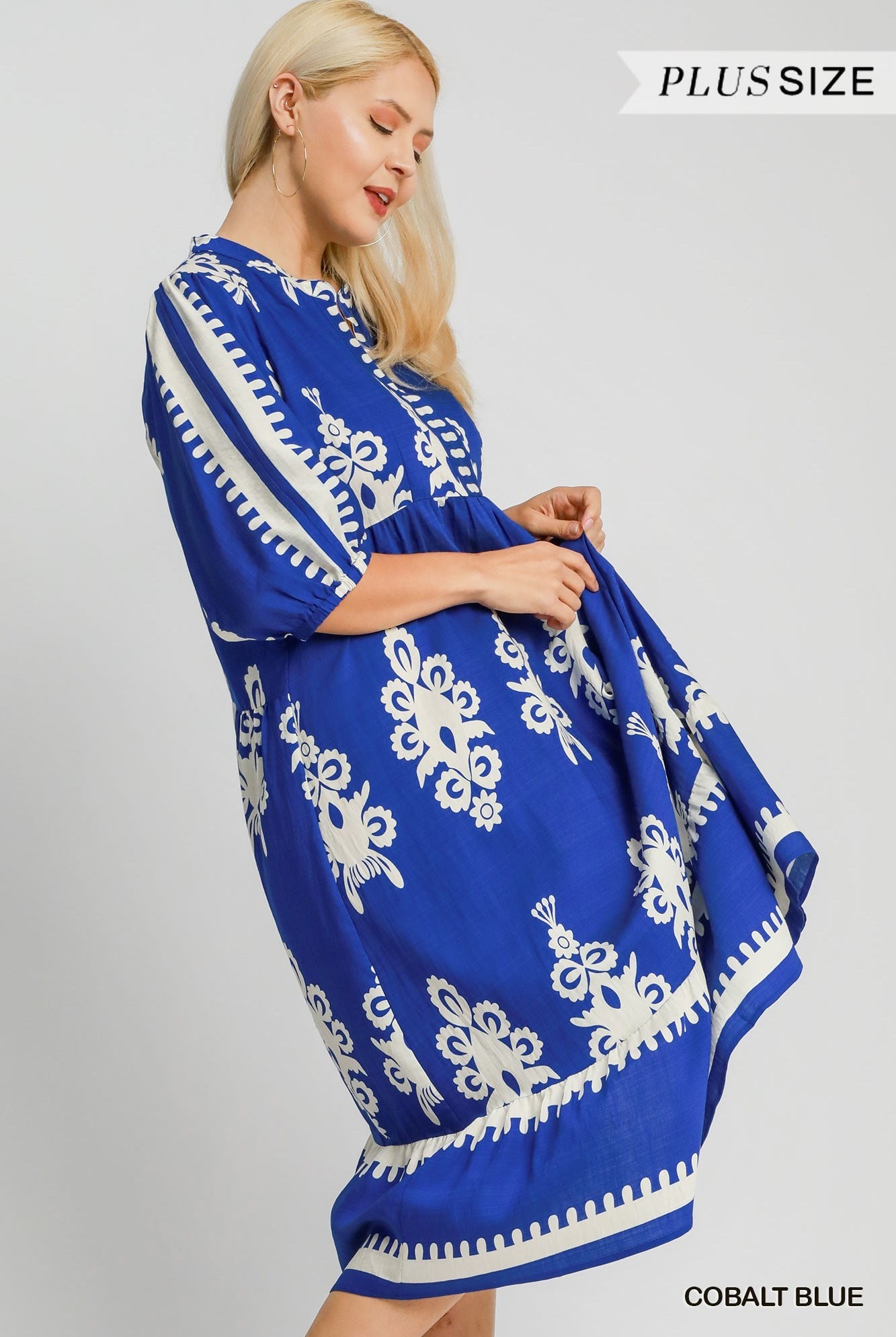 Umgee Plus Size Cobalt Blue Two-Tone Border Print V-Neck Dress-Curvy/Plus Dresses-Umgee-Deja Nu Boutique, Women's Fashion Boutique in Lampasas, Texas
