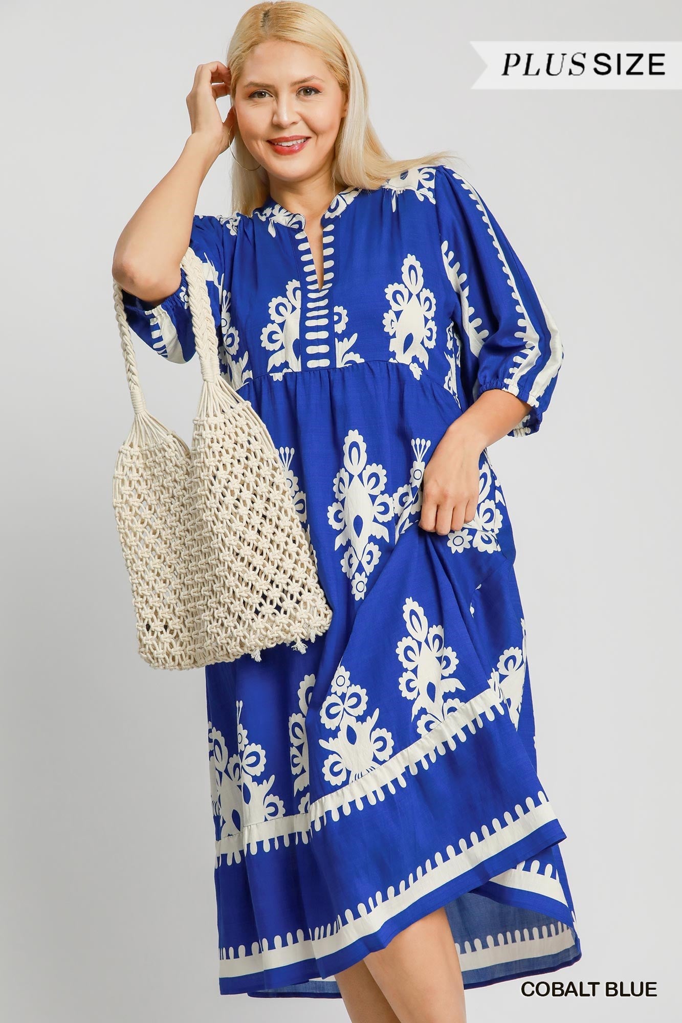 Umgee Plus Size Cobalt Blue Two-Tone Border Print V-Neck Dress-Curvy/Plus Dresses-Umgee-Deja Nu Boutique, Women's Fashion Boutique in Lampasas, Texas