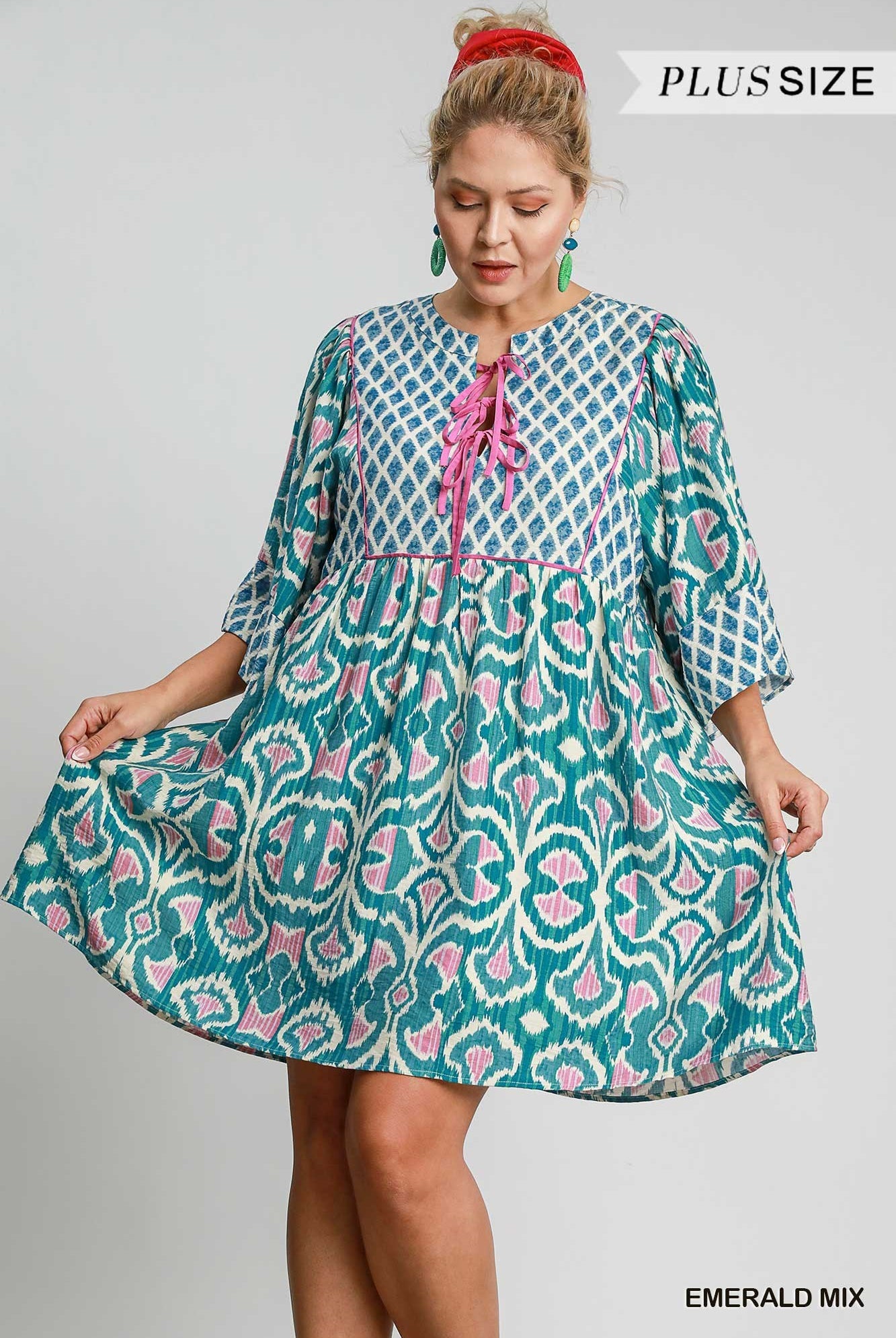 Umgee Plus Size Emerald Boho Mixed Print Babydoll Dress-Curvy/Plus Dresses-Umgee-Deja Nu Boutique, Women's Fashion Boutique in Lampasas, Texas