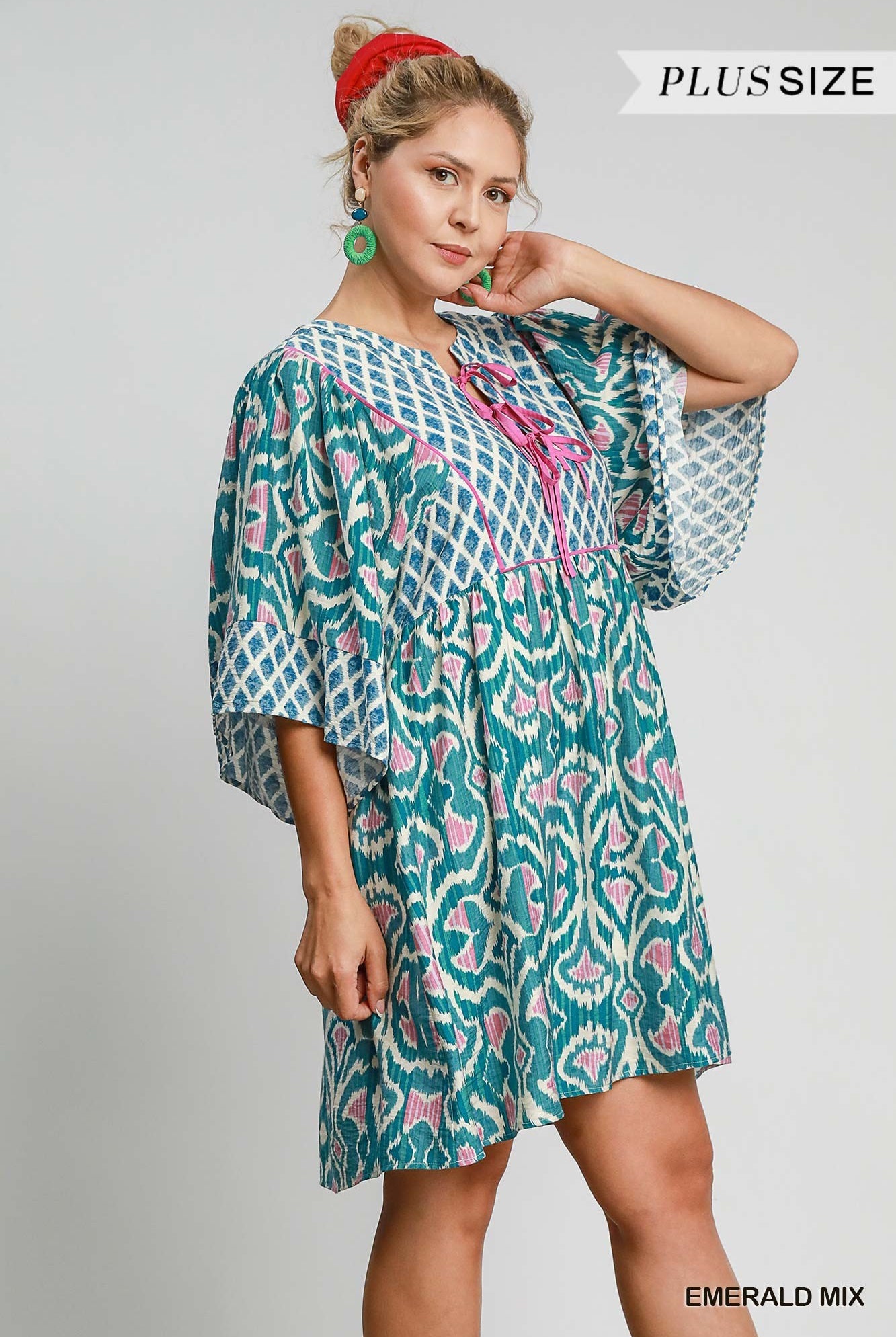 Umgee Plus Size Emerald Boho Mixed Print Babydoll Dress-Curvy/Plus Dresses-Umgee-Deja Nu Boutique, Women's Fashion Boutique in Lampasas, Texas
