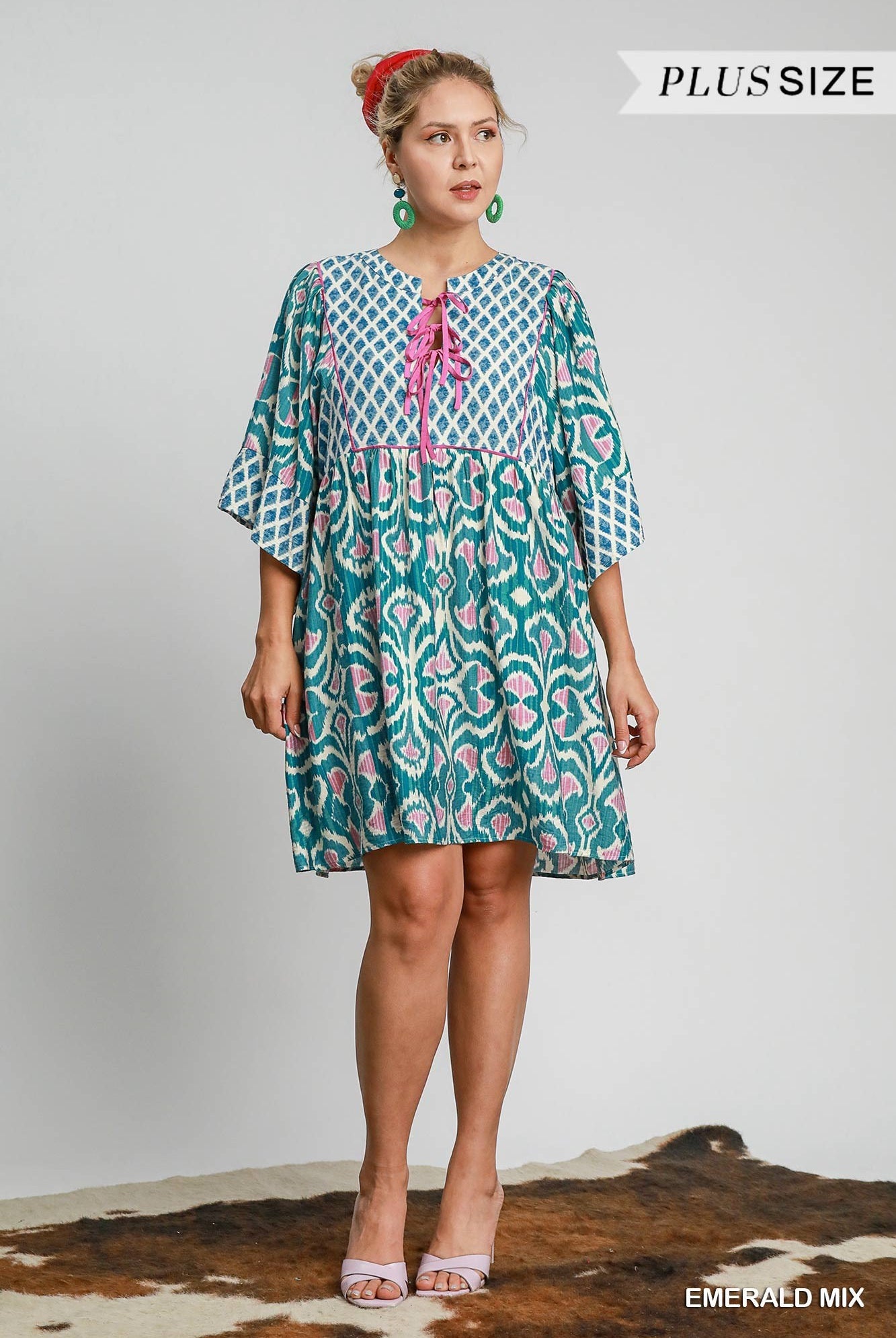 Umgee Plus Size Emerald Boho Mixed Print Babydoll Dress-Curvy/Plus Dresses-Umgee-Deja Nu Boutique, Women's Fashion Boutique in Lampasas, Texas