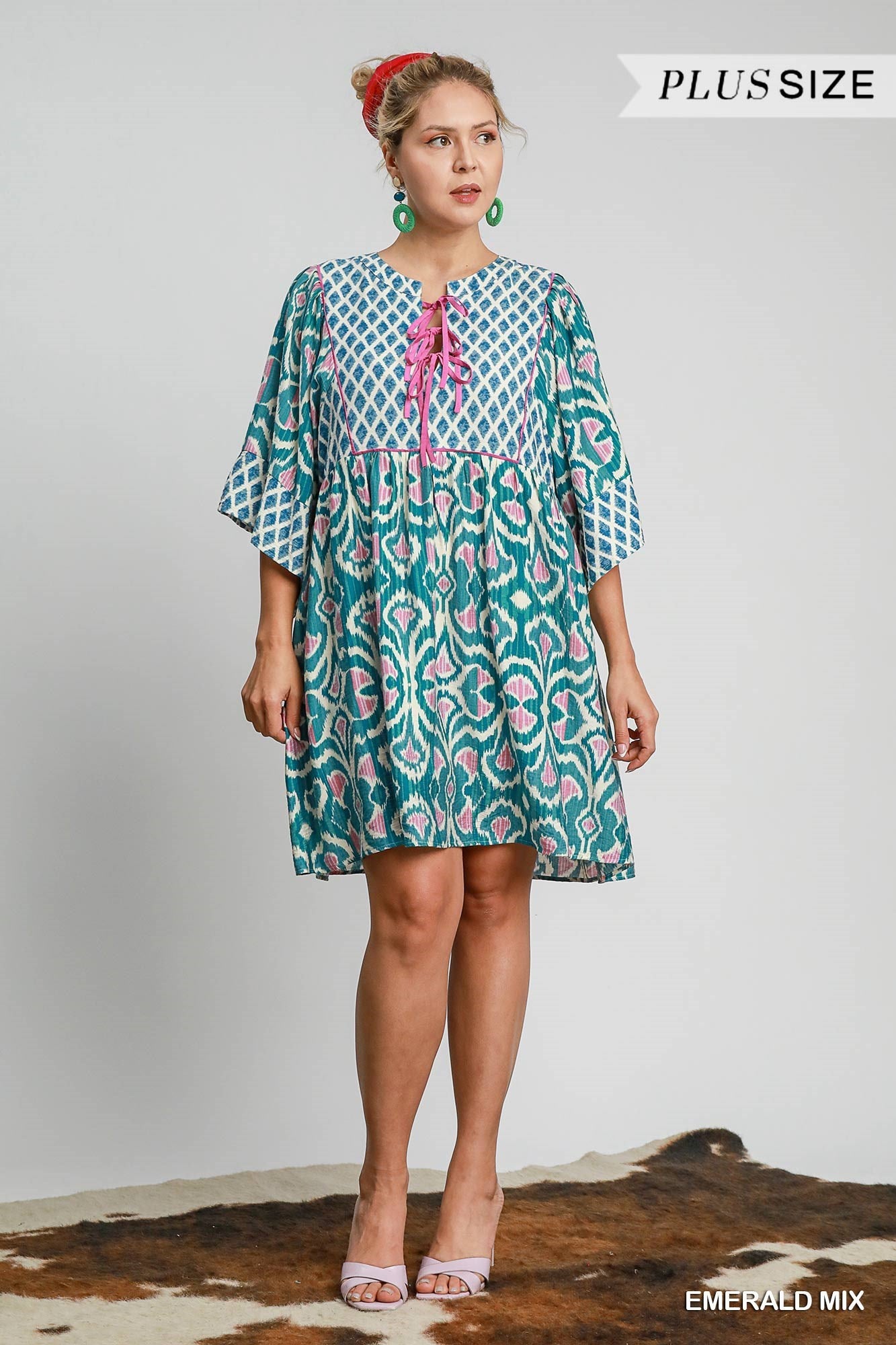 Umgee Plus Size Emerald Boho Mixed Print Babydoll Dress-Curvy/Plus Dresses-Umgee-Deja Nu Boutique, Women's Fashion Boutique in Lampasas, Texas