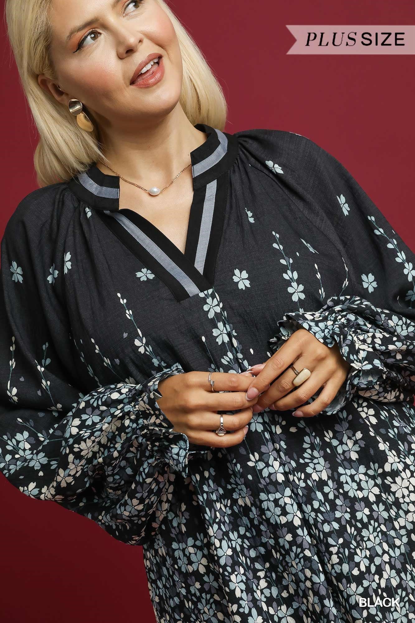 Umgee Plus Size Floral Vine Print Blouse in Black-Curvy/Plus Blouses-Umgee-Deja Nu Boutique, Women's Fashion Boutique in Lampasas, Texas
