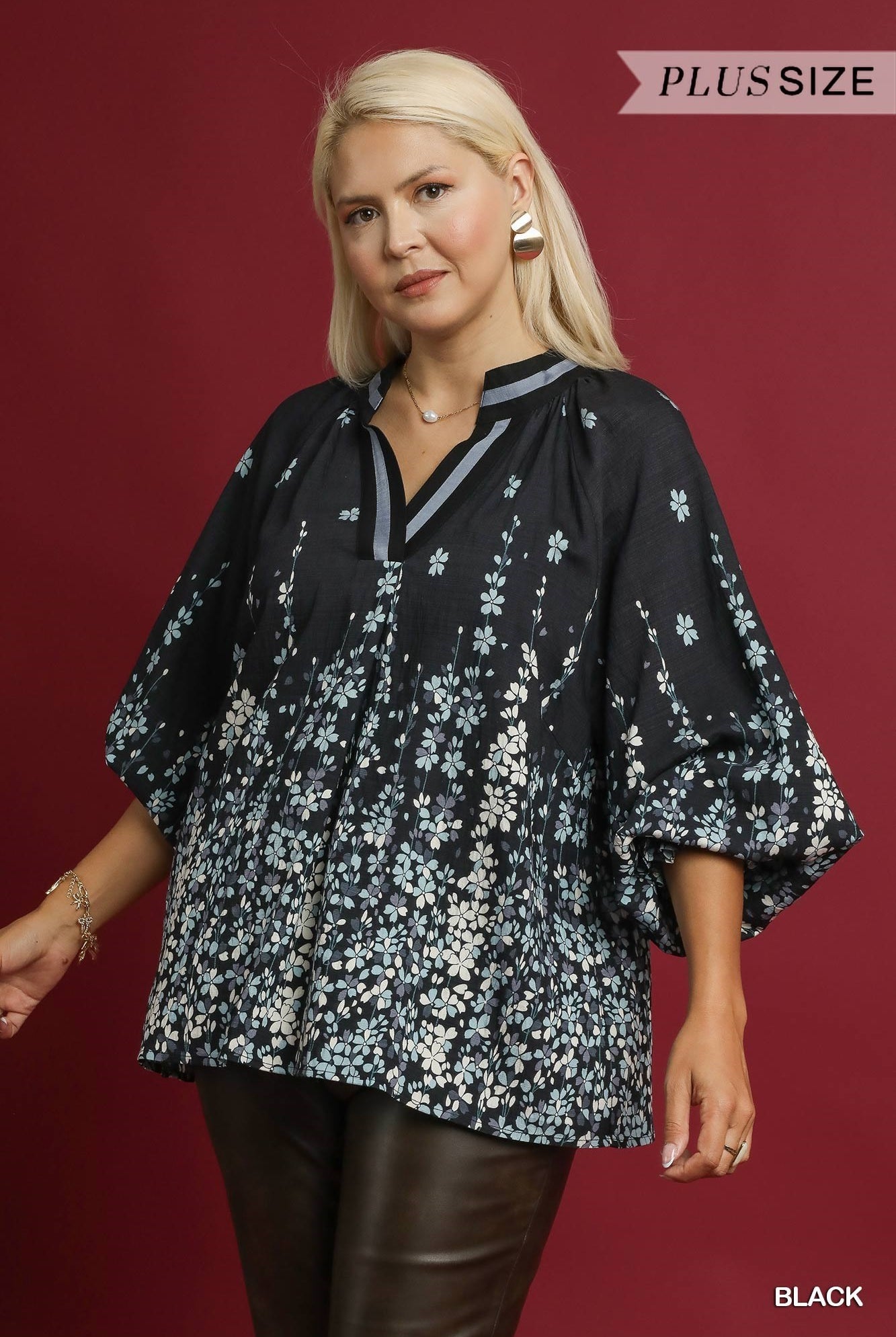 Umgee Plus Size Floral Vine Print Blouse in Black-Curvy/Plus Blouses-Umgee-Deja Nu Boutique, Women's Fashion Boutique in Lampasas, Texas