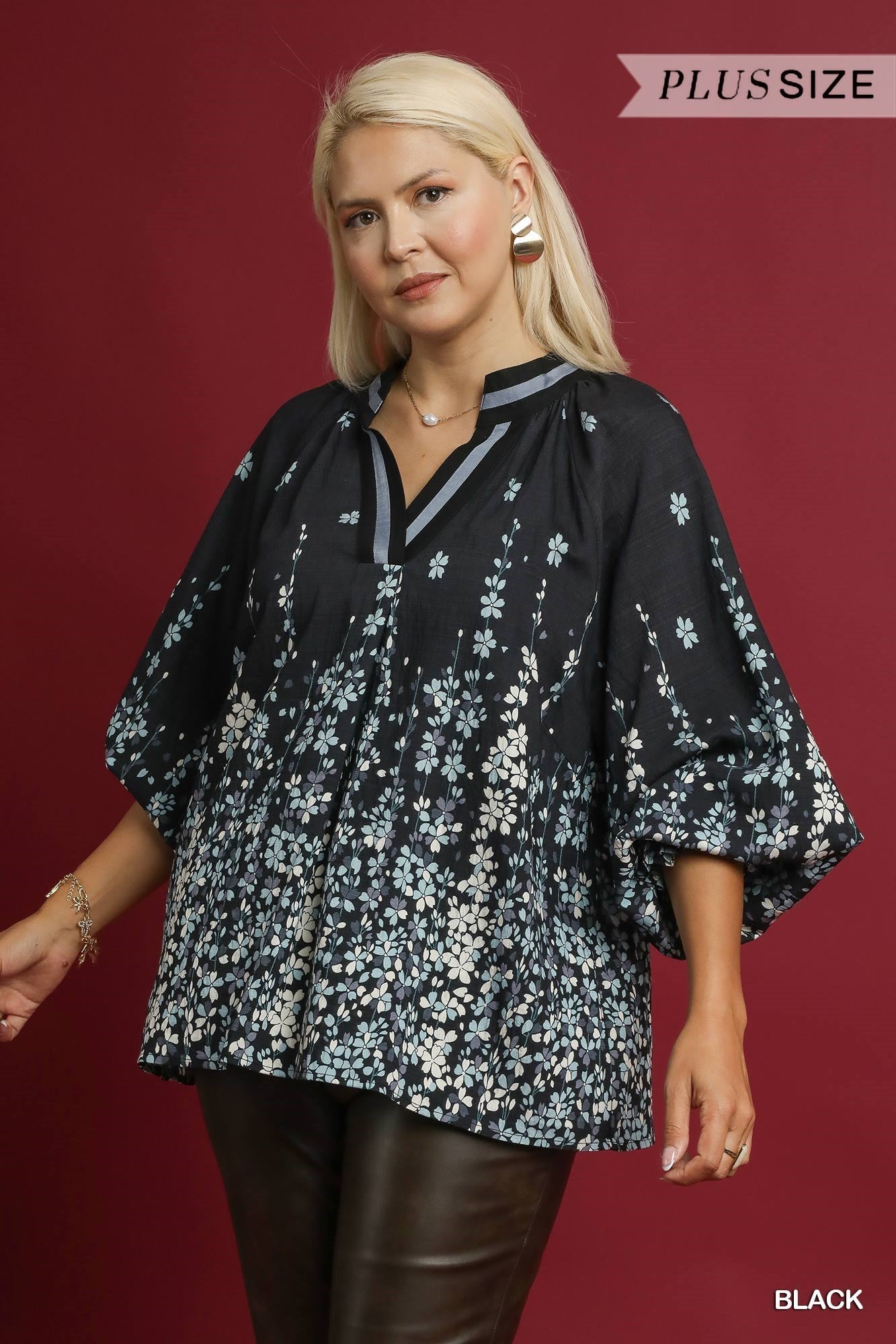 Umgee Plus Size Floral Vine Print Blouse in Black-Curvy/Plus Blouses-Umgee-Deja Nu Boutique, Women's Fashion Boutique in Lampasas, Texas
