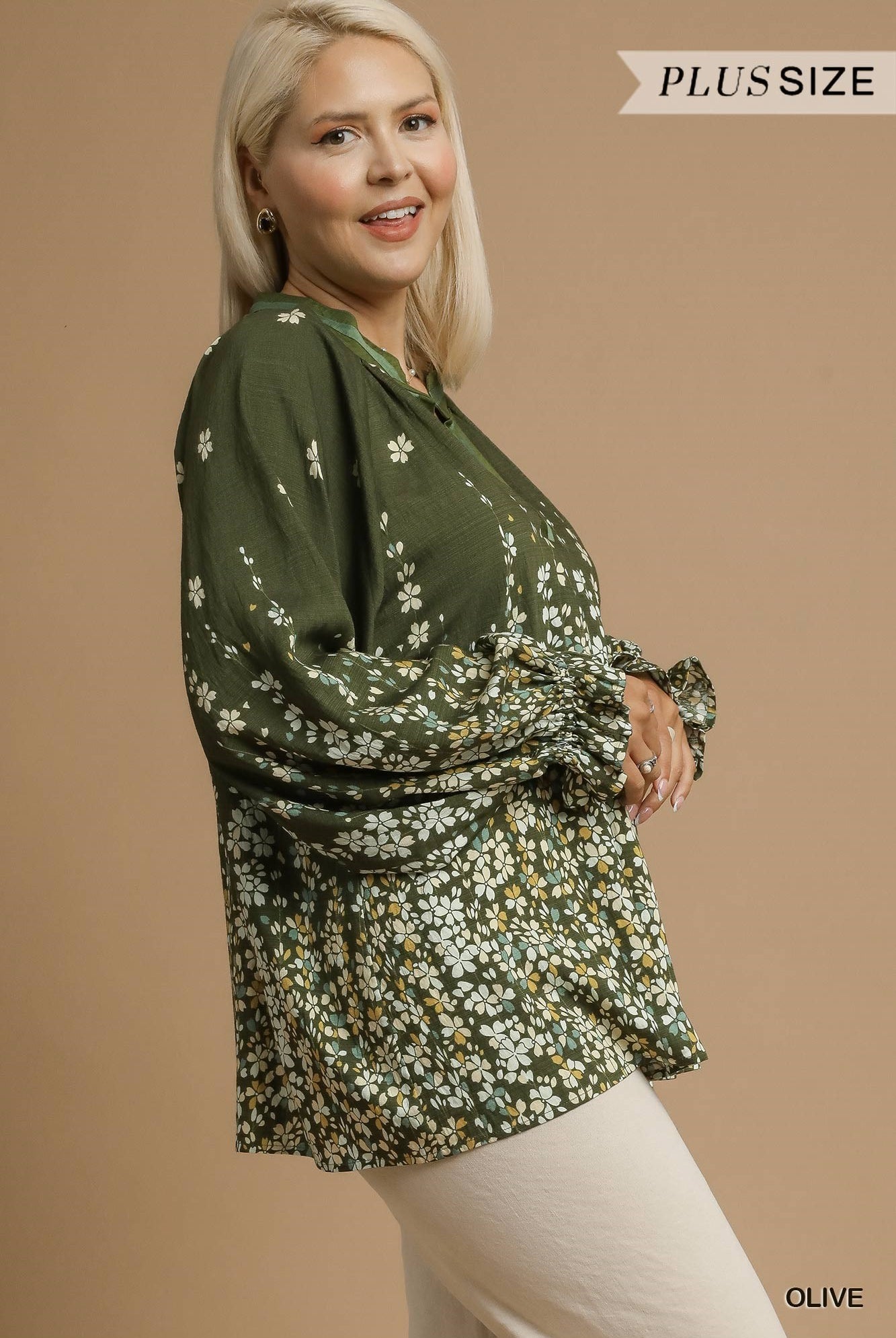 Umgee Plus Size Floral Vine Print Blouse in Olive-Curvy/Plus Blouses-Umgee-Deja Nu Boutique, Women's Fashion Boutique in Lampasas, Texas