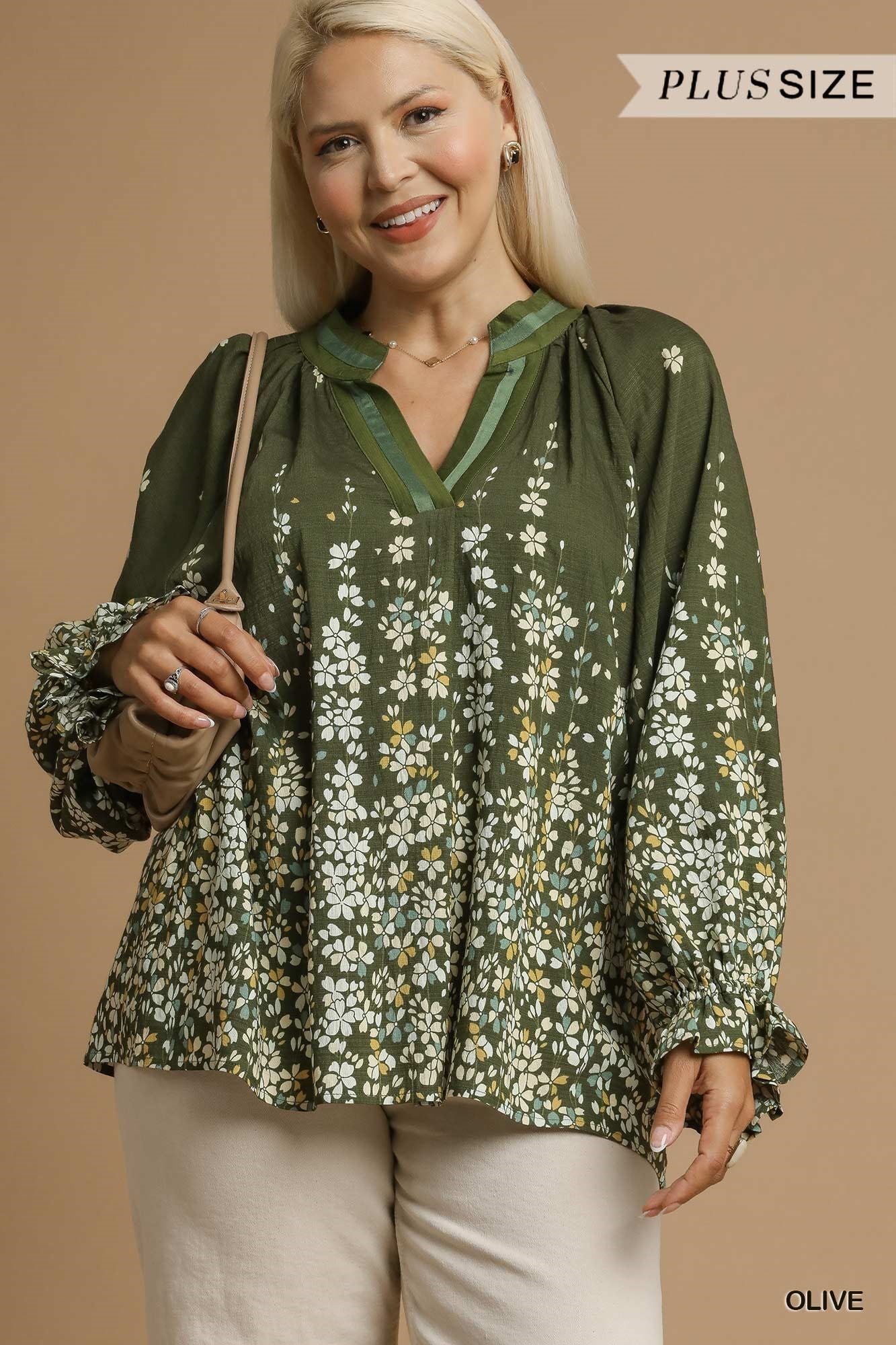Umgee Plus Size Floral Vine Print Blouse in Olive-Curvy/Plus Blouses-Umgee-Deja Nu Boutique, Women's Fashion Boutique in Lampasas, Texas