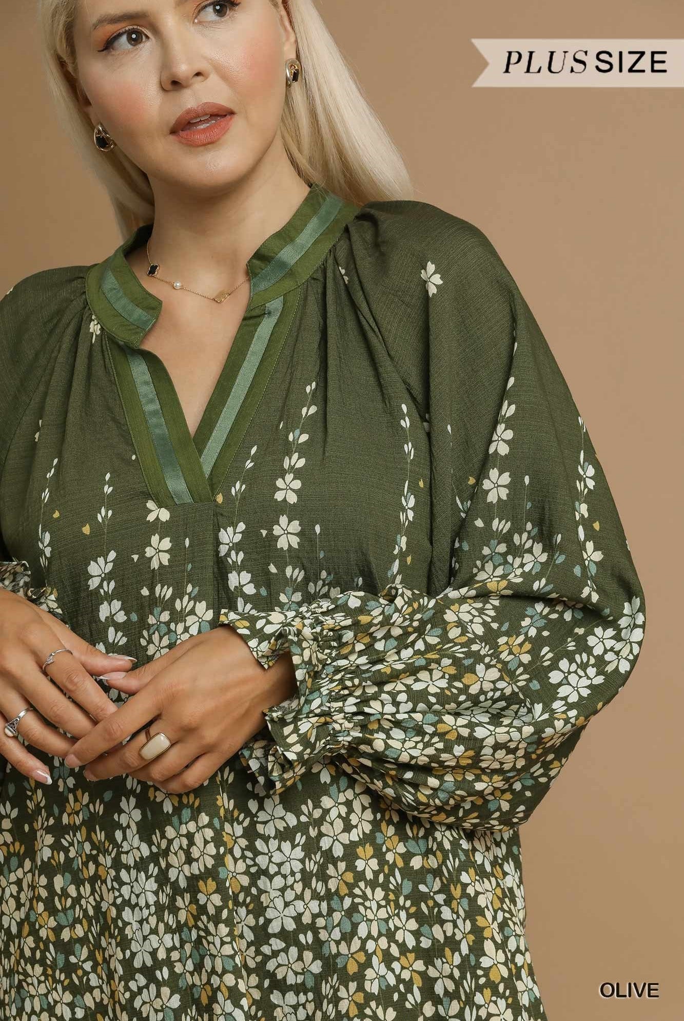 Umgee Plus Size Floral Vine Print Blouse in Olive-Curvy/Plus Blouses-Umgee-Deja Nu Boutique, Women's Fashion Boutique in Lampasas, Texas