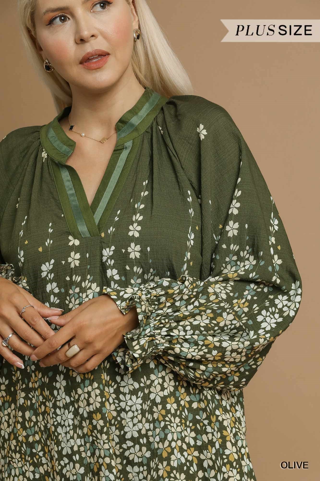 Umgee Plus Size Floral Vine Print Blouse in Olive-Curvy/Plus Blouses-Umgee-Deja Nu Boutique, Women's Fashion Boutique in Lampasas, Texas