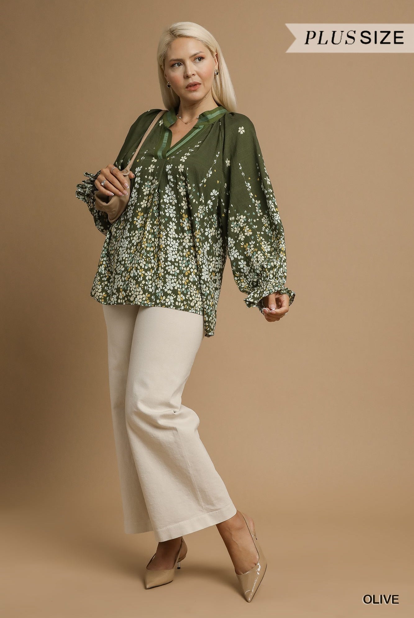 Umgee Plus Size Floral Vine Print Blouse in Olive-Curvy/Plus Blouses-Umgee-Deja Nu Boutique, Women's Fashion Boutique in Lampasas, Texas
