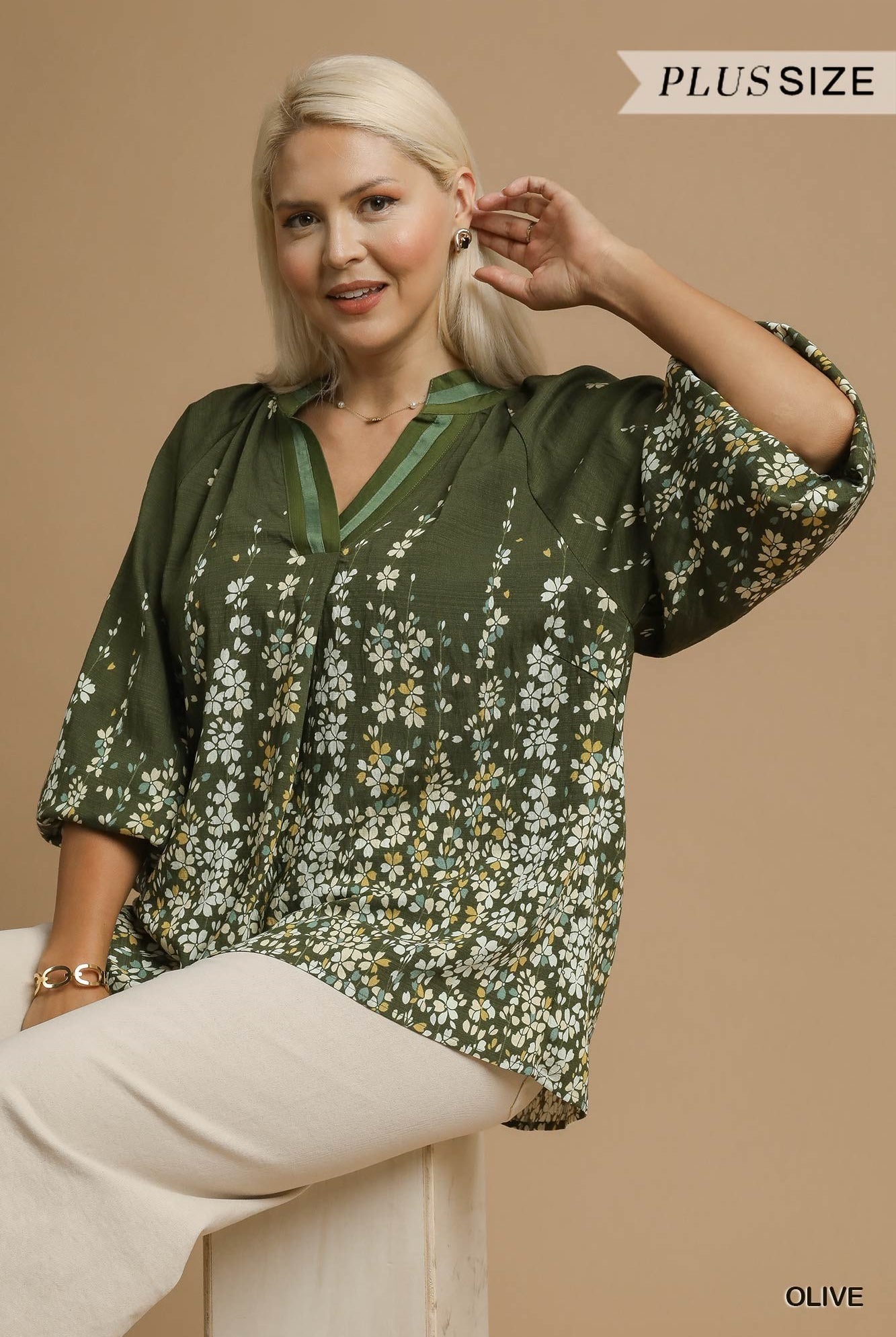 Umgee Plus Size Floral Vine Print Blouse in Olive-Curvy/Plus Blouses-Umgee-Deja Nu Boutique, Women's Fashion Boutique in Lampasas, Texas
