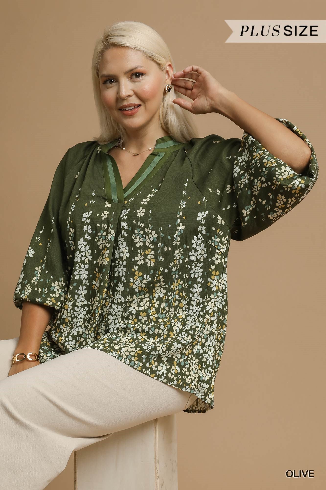 Umgee Plus Size Floral Vine Print Blouse in Olive-Curvy/Plus Blouses-Umgee-Deja Nu Boutique, Women's Fashion Boutique in Lampasas, Texas