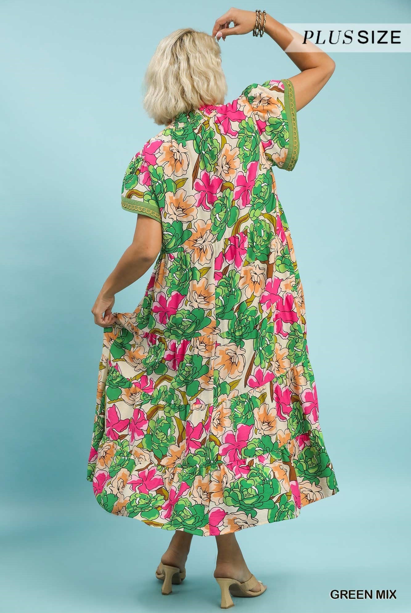 Umgee Plus Size Green Mix Bold Floral Tiered Midi Dress-Curvy/Plus Dresses-Umgee-Deja Nu Boutique, Women's Fashion Boutique in Lampasas, Texas