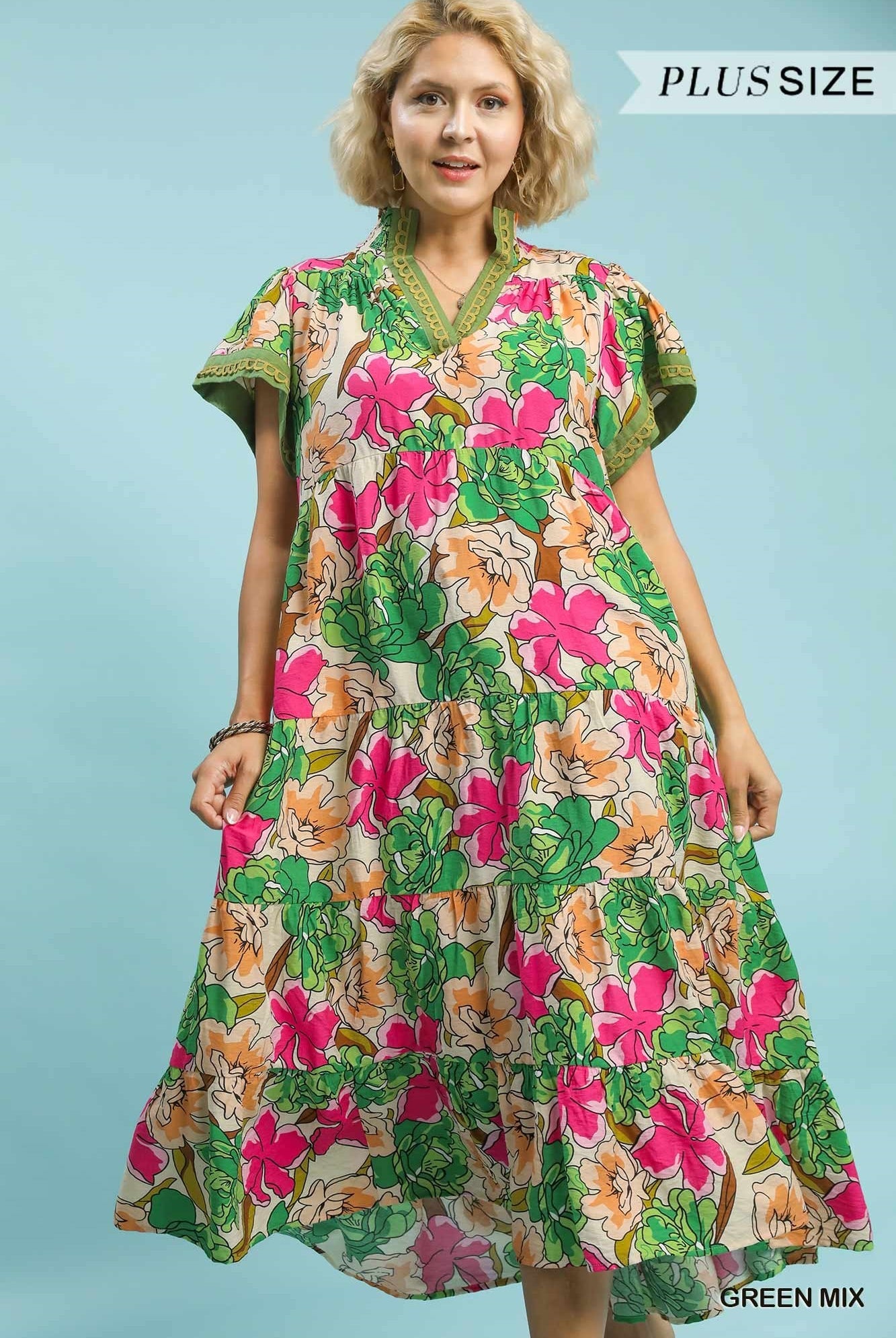 Umgee Plus Size Green Mix Bold Floral Tiered Midi Dress-Curvy/Plus Dresses-Umgee-Deja Nu Boutique, Women's Fashion Boutique in Lampasas, Texas