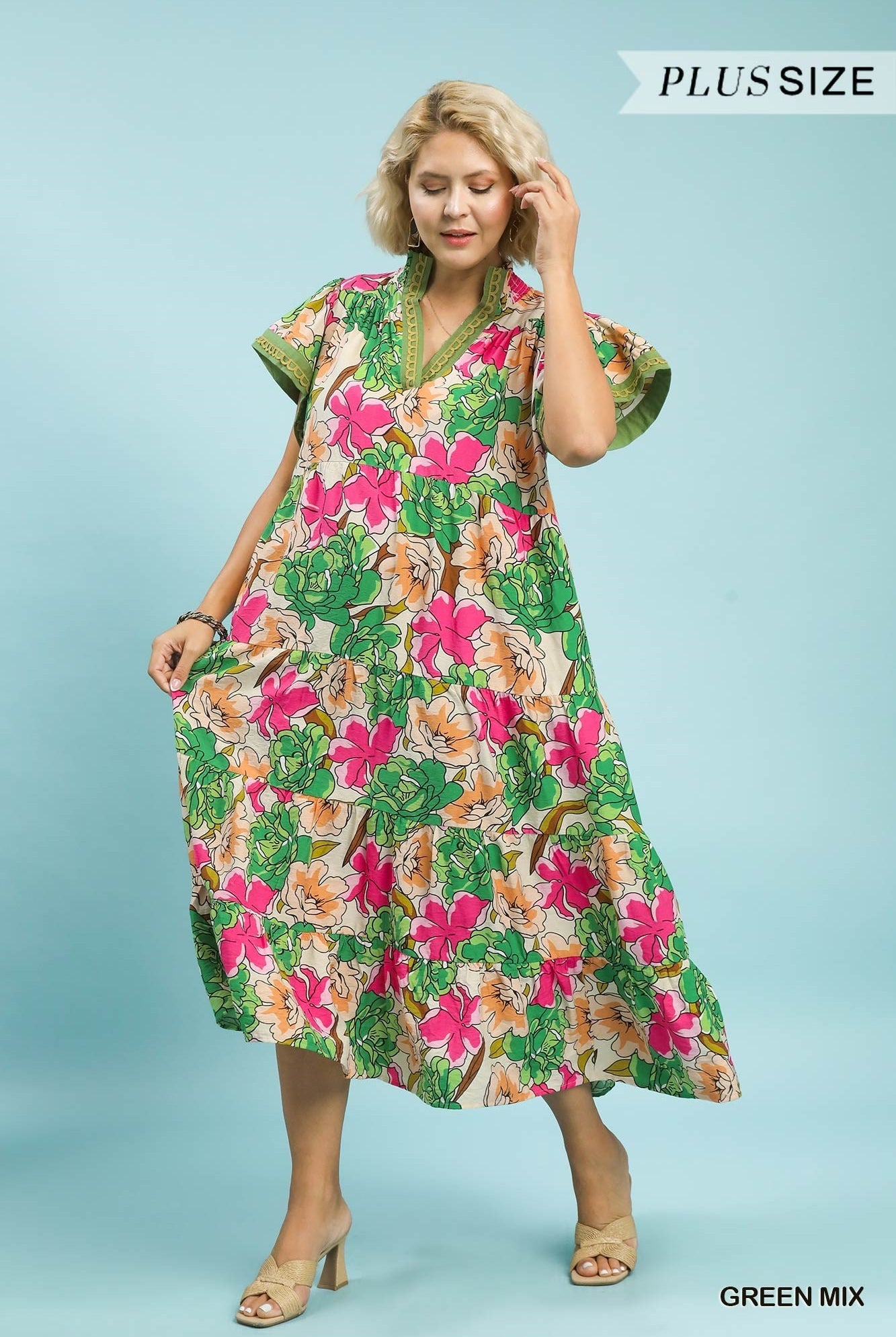 Umgee Plus Size Green Mix Bold Floral Tiered Midi Dress-Curvy/Plus Dresses-Umgee-Deja Nu Boutique, Women's Fashion Boutique in Lampasas, Texas