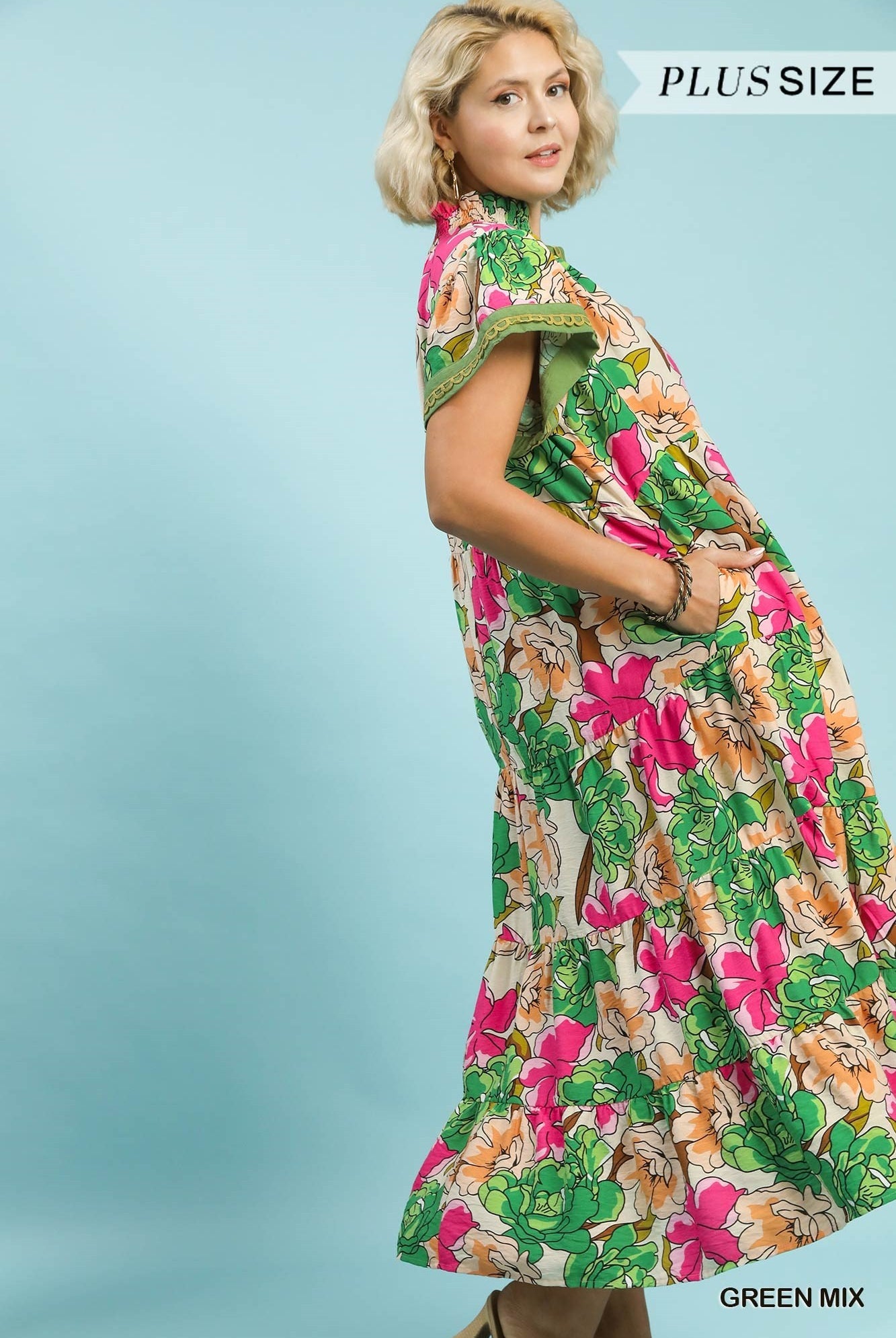 Umgee Plus Size Green Mix Bold Floral Tiered Midi Dress-Curvy/Plus Dresses-Umgee-Deja Nu Boutique, Women's Fashion Boutique in Lampasas, Texas