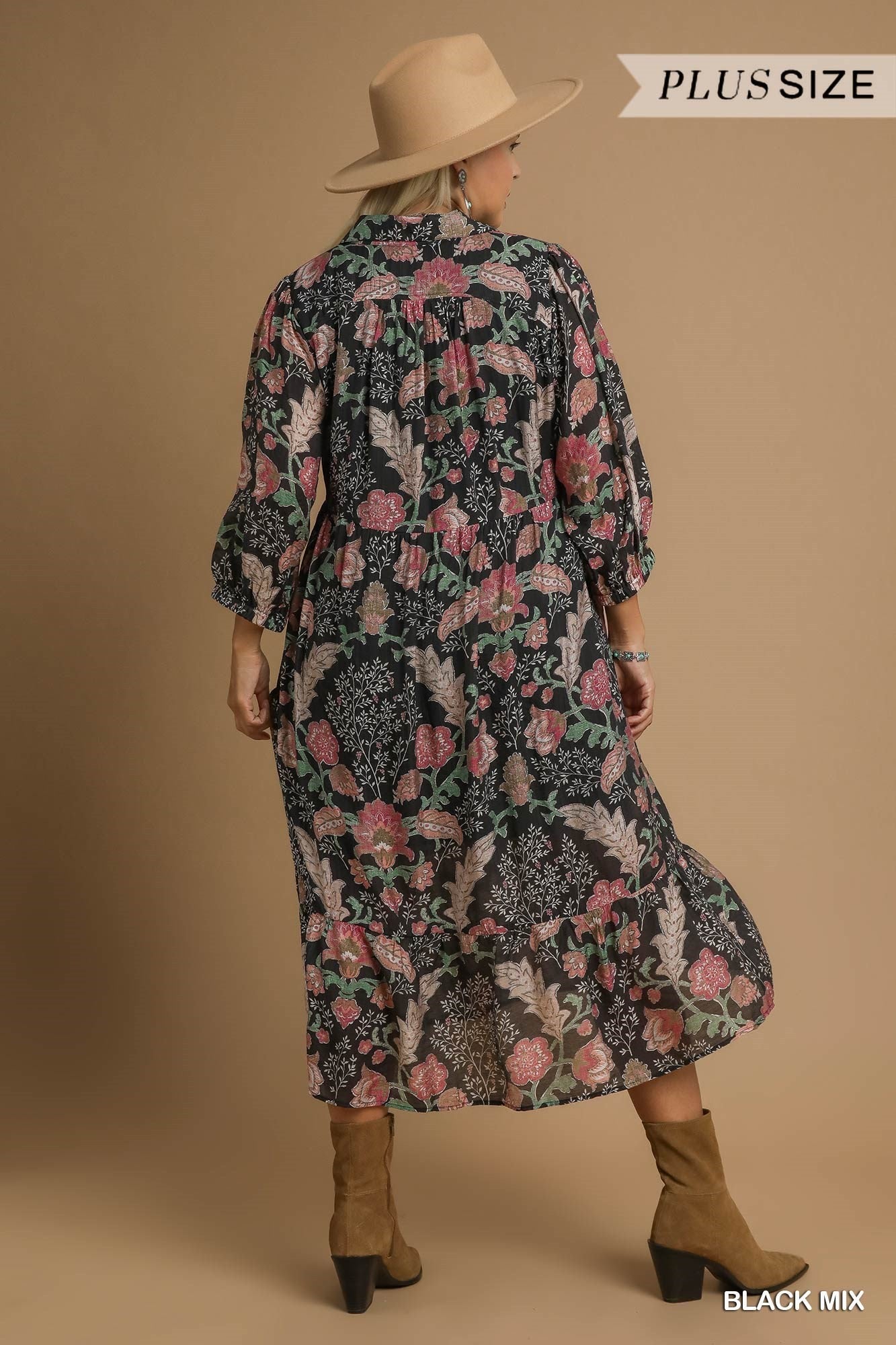 Umgee Plus Size Mix Floral Collared Midi Dress In Black Mix-Curvy/Plus Dresses-umgee-Deja Nu Boutique, Women's Fashion Boutique in Lampasas, Texas